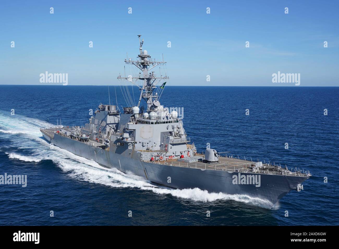 The U.S. Navy Arleigh Burke-class guided-missile destroyer USS Fitzgerald conducts sea trials in the Gulf of Mexico February 3, 2020 off the coast of Pascagoula, Mississippi, USA. The ship was severely damaged in a collision with a container ship and spent two years being repaired and upgraded. Stock Photo