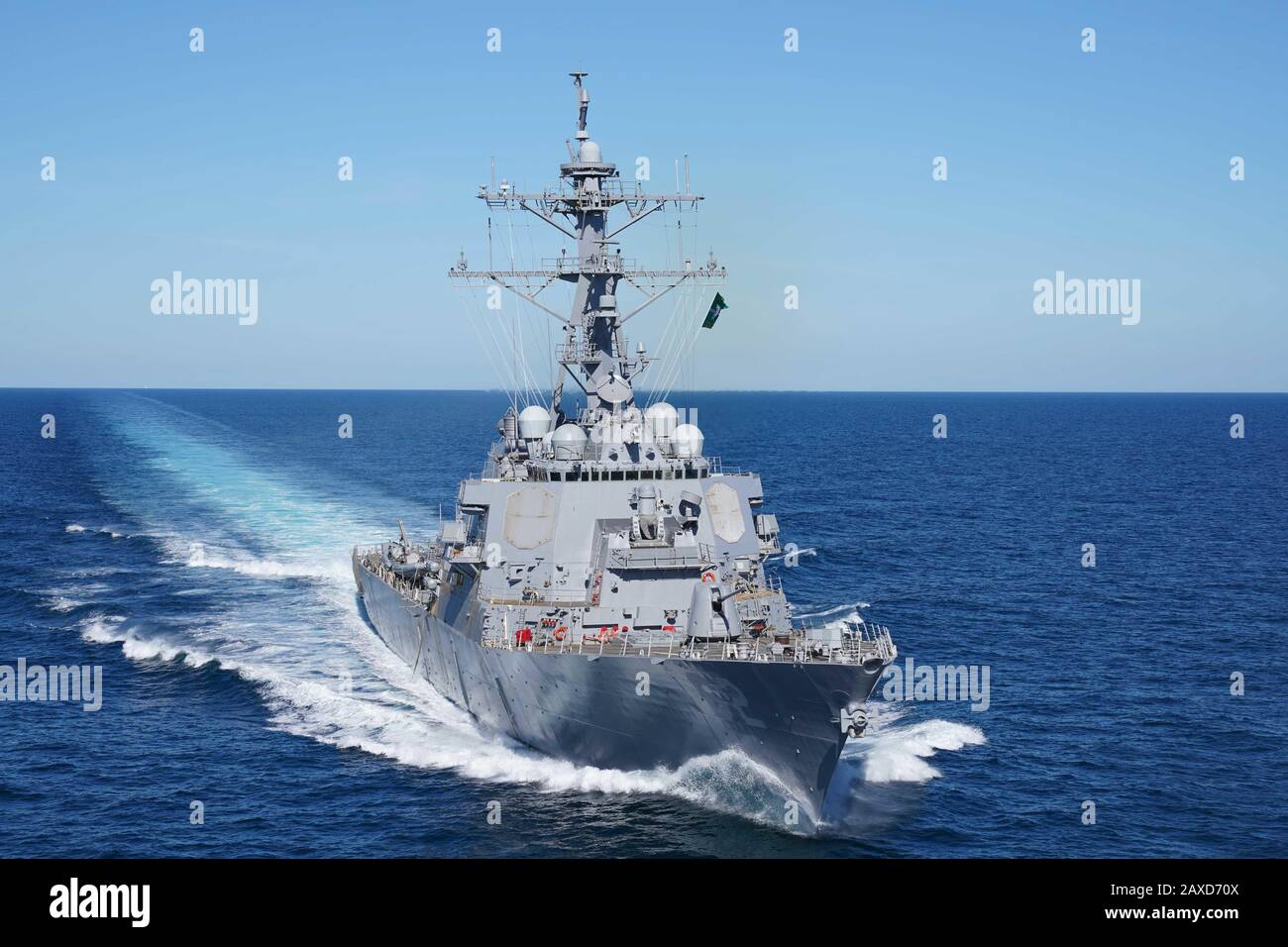 The U.S. Navy Arleigh Burke-class guided-missile destroyer USS Fitzgerald conducts sea trials in the Gulf of Mexico February 3, 2020 off the coast of Pascagoula, Mississippi, USA. The ship was severely damaged in a collision with a container ship and spent two years being repaired and upgraded. Stock Photo