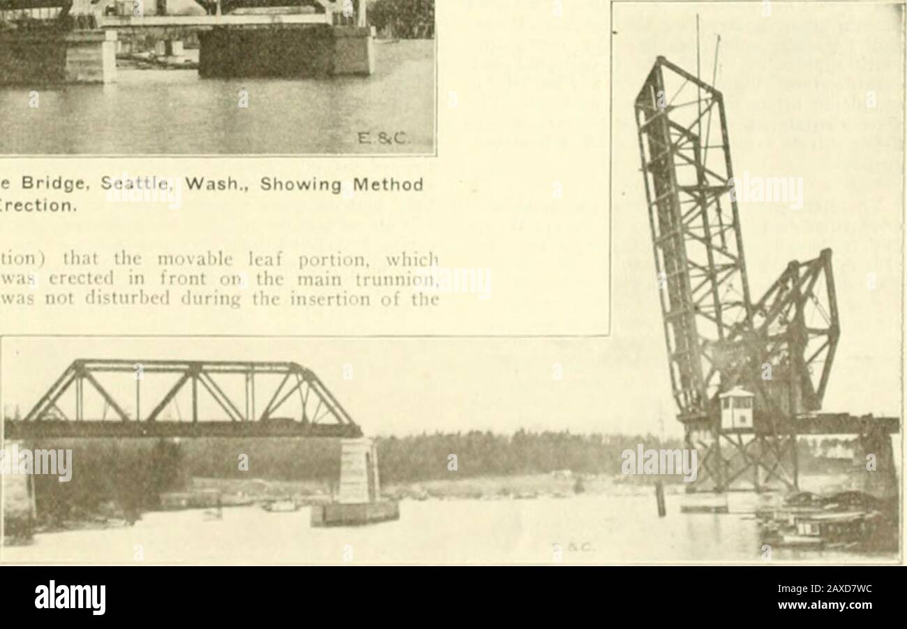 Engineering and Contracting . ery and all motors,rxccpt the end latch mnior, arc located onthe stationary part of the bascule, being placedin a shcct-stecl house having a reinforced^concrete floor. The bridge is operated froma twii-si.,ry house. 10x12 ft. in plan, wherethe iiciiss.iry controllers, switchboard andnicchaiiual interlocking stand arc placed. KRKCriON FF.ATURKS, The tower, including the two 2)-ft. towerpan, was erected by means of a ilerrick-carof 2i tons cap.icity having a ..O-ft, boom.Tnr rniinterwcight girders, the side plates andthe lower portion of counterweight trussc.*were r Stock Photo
