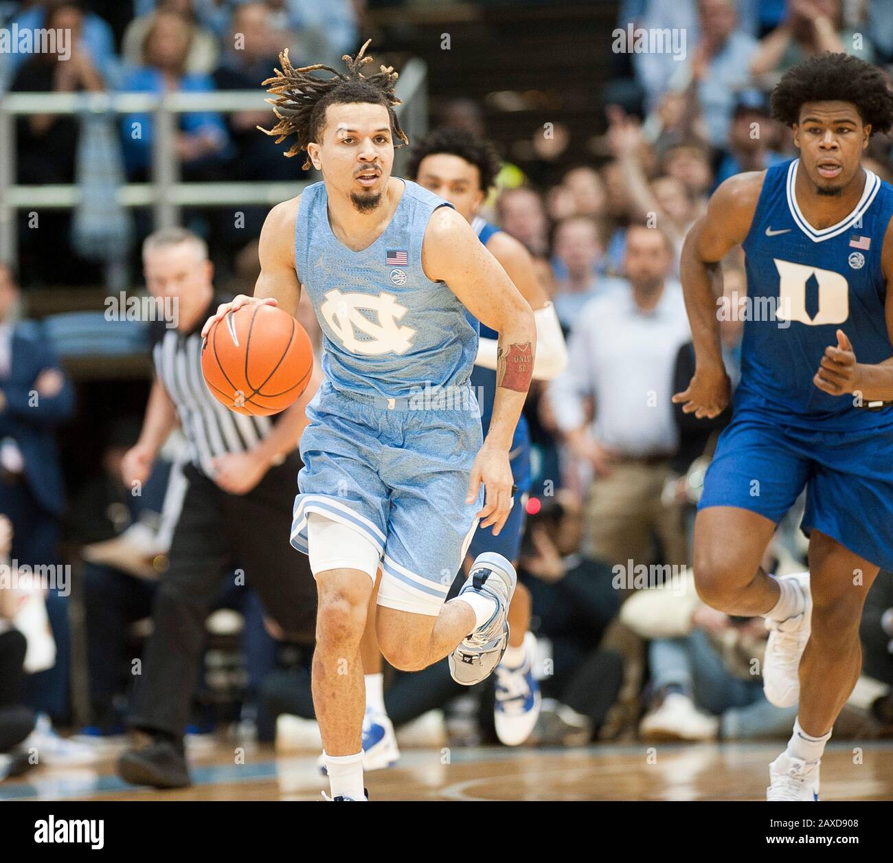 Feb. 8, 2020 - Chapel Hill, North Carolina; USA - Carolina Tar Heels (2) COLE  ANTHONY drives to the basket as the University of North Carolina Tar Heels  were defeated the Duke