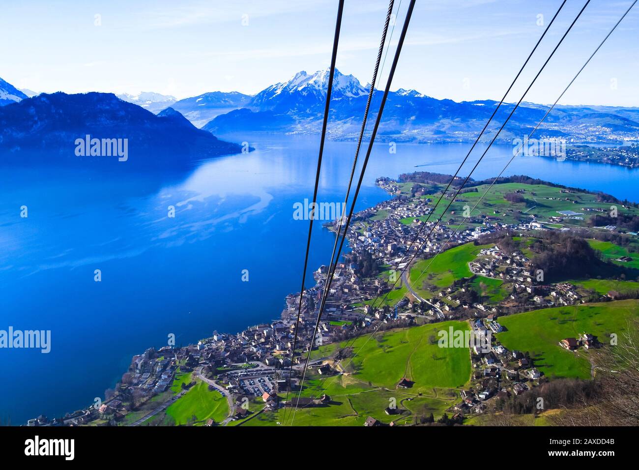 Panaramic skyline view of Weggis, Vierwaldstattersee, Lake Lucern, Switzerland, taken from inside a cable lift cabin. Stock Photo