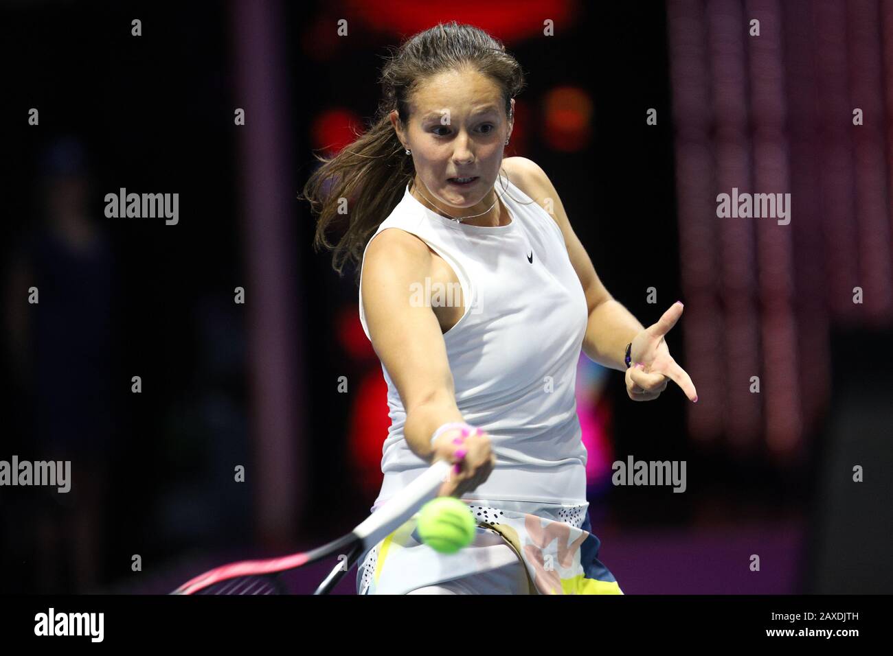 Daria Kasatkina of Russia in action against Ekaterina Alexandrova of Russia during the St.Petersburg Ladies Trophy 2020 tennis tournament at Sibur Arena.Final score (Daria Kasatkina 1-2 Ekaterina Alexandrova Stock Photo