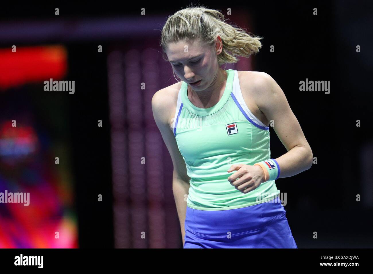 Ekaterina Alexandrova of Russia in action against Daria Kasatkina of Russia during the St.Petersburg Ladies Trophy 2020 tennis tournament at Sibur Arena.Final score (Daria Kasatkina 1-2 Ekaterina Alexandrova Stock Photo