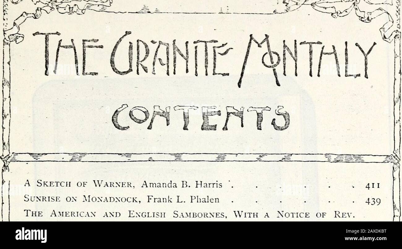 The Granite monthly : a magazine of literature, history and state progress . of to-day meet all the requirements ofmost exacting players, while the priceseasy terms of payment make the money qtion an easy one to solve.Correspondence Solicited. Catalogues mailed i.Old pianos taken in exchange at a fair ation. PRESCOTT PIANO CO. Warercoms 92 No. Main St. CviKord, I UNDFIPv THE C CONCORD. N. H. PIANOS TO RENT, Joe- &lt;cc ooooopcw cS 55 cbooc/K DECEMBER, 1895.. r- -A A Sketch of Warner, Amanda B. Harris . ... Sunrise on Monadxock, Frank L. Phalen . . The American and English Sambornes, With a No Stock Photo