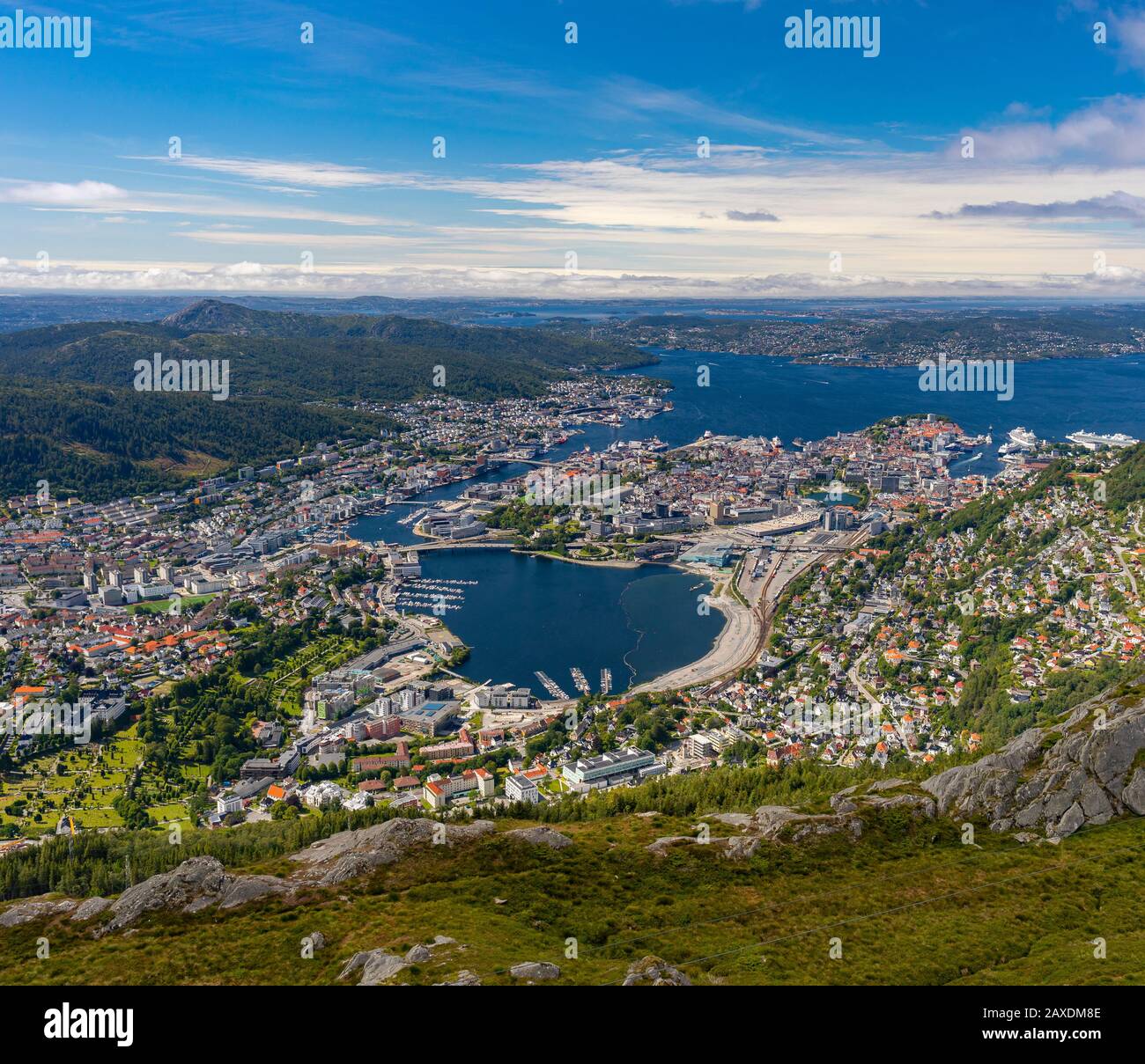 BERGEN, NORWAY - Aerial view of city of Bergen and harbour. Stock Photo