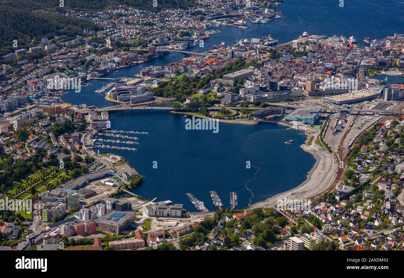 BERGEN, NORWAY - Aerial view of city of Bergen and harbour. Stock Photo