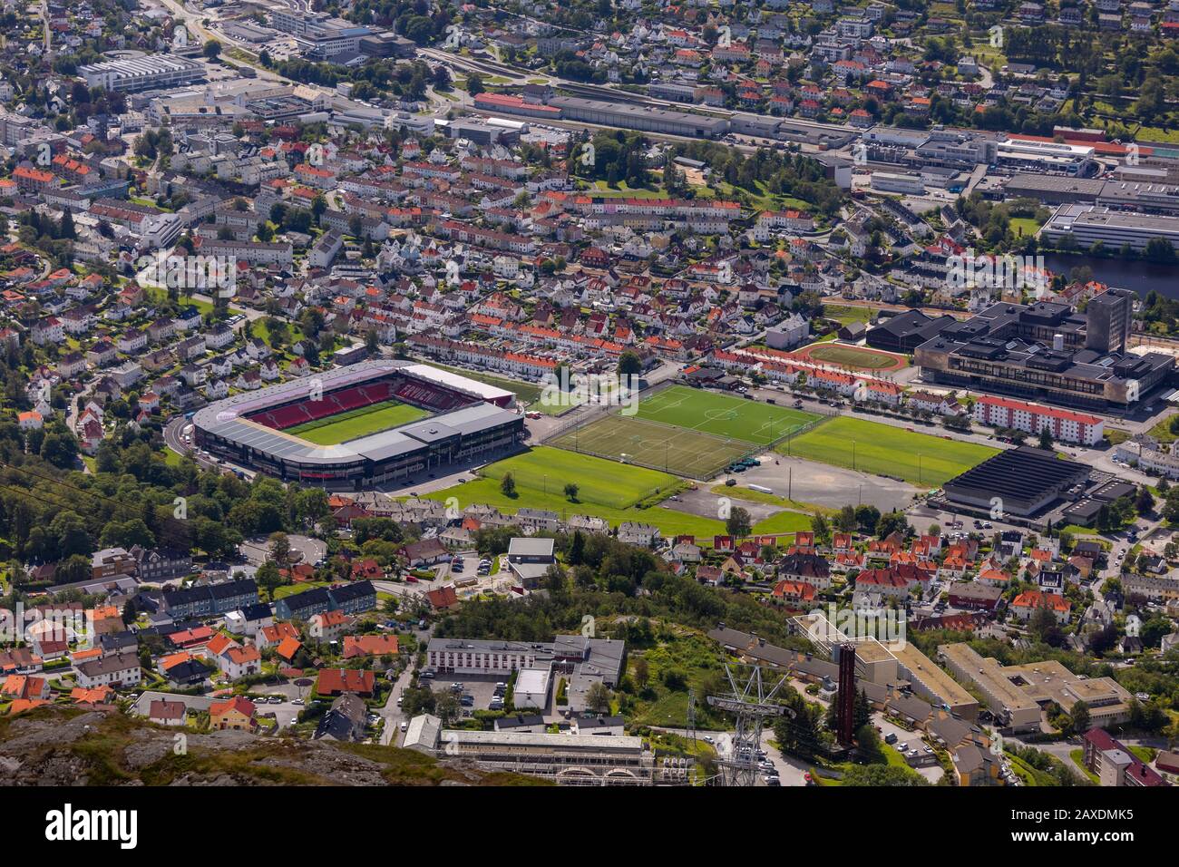 BERGEN, NORWAY - Aerial view of Brann Stadion, a football stadium, and neighborhood. Stock Photo