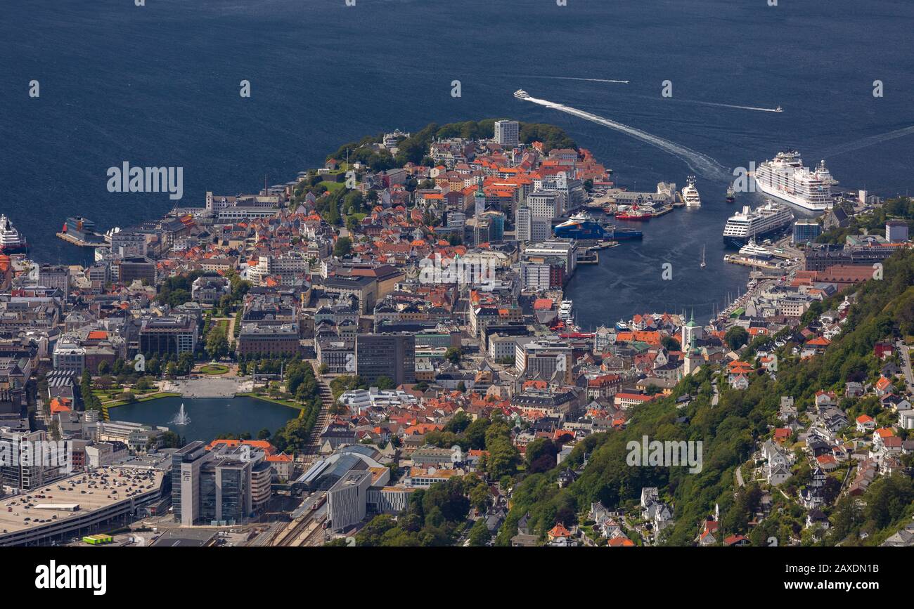 BERGEN, NORWAY - Aerial view of city of Bergen and cruise ships in Vågen harbour. Stock Photo