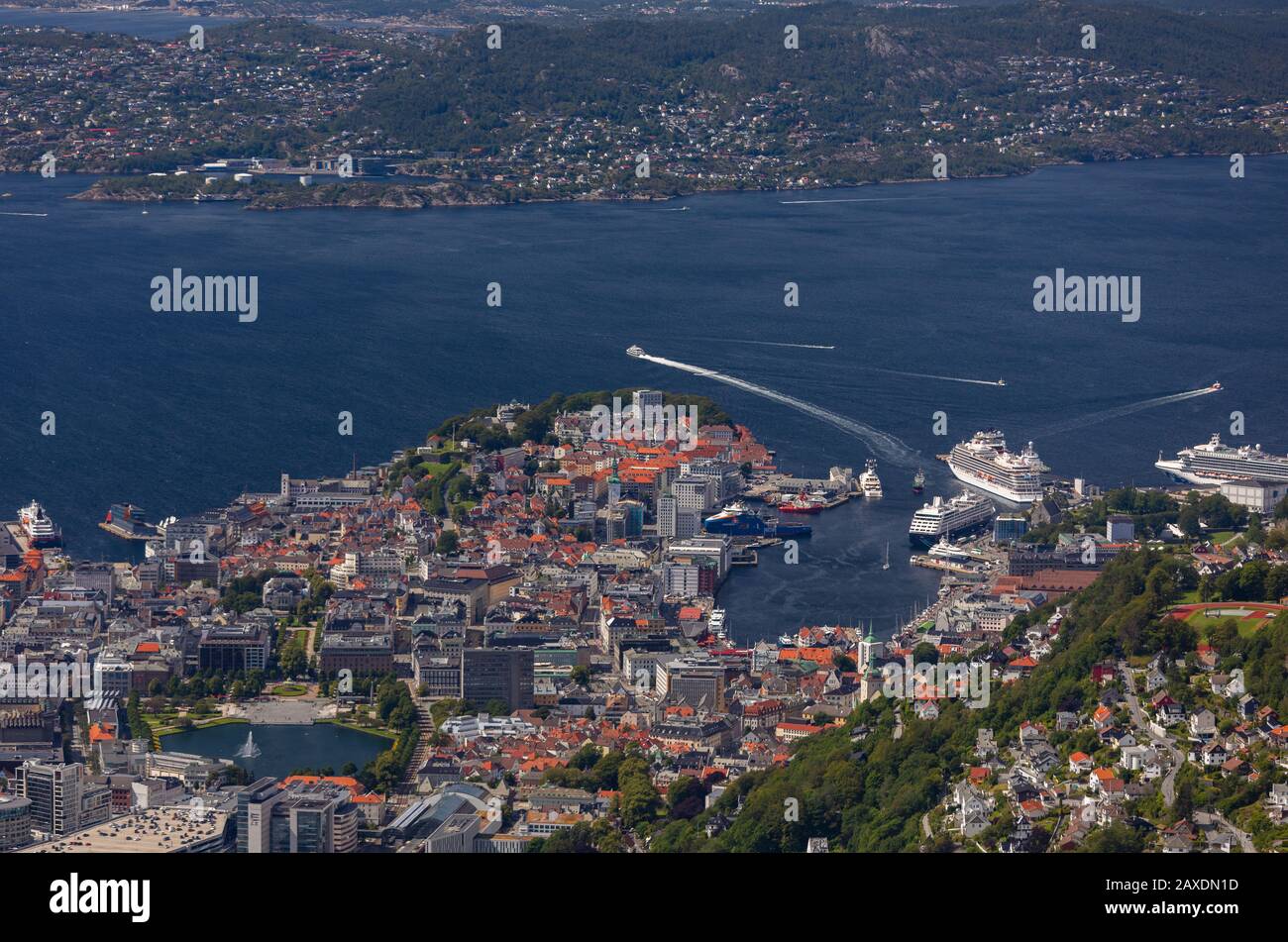 BERGEN, NORWAY - Aerial view of city of Bergen and cruise ships in Vågen harbour. Stock Photo