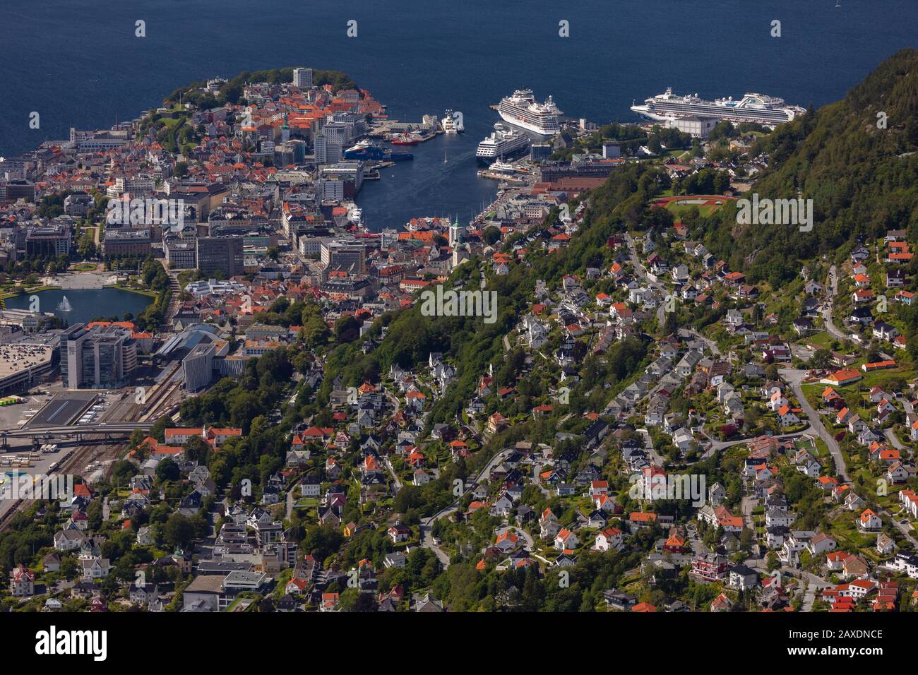 BERGEN, NORWAY - Aerial view of city of Bergen and Vågen harbour. Stock Photo
