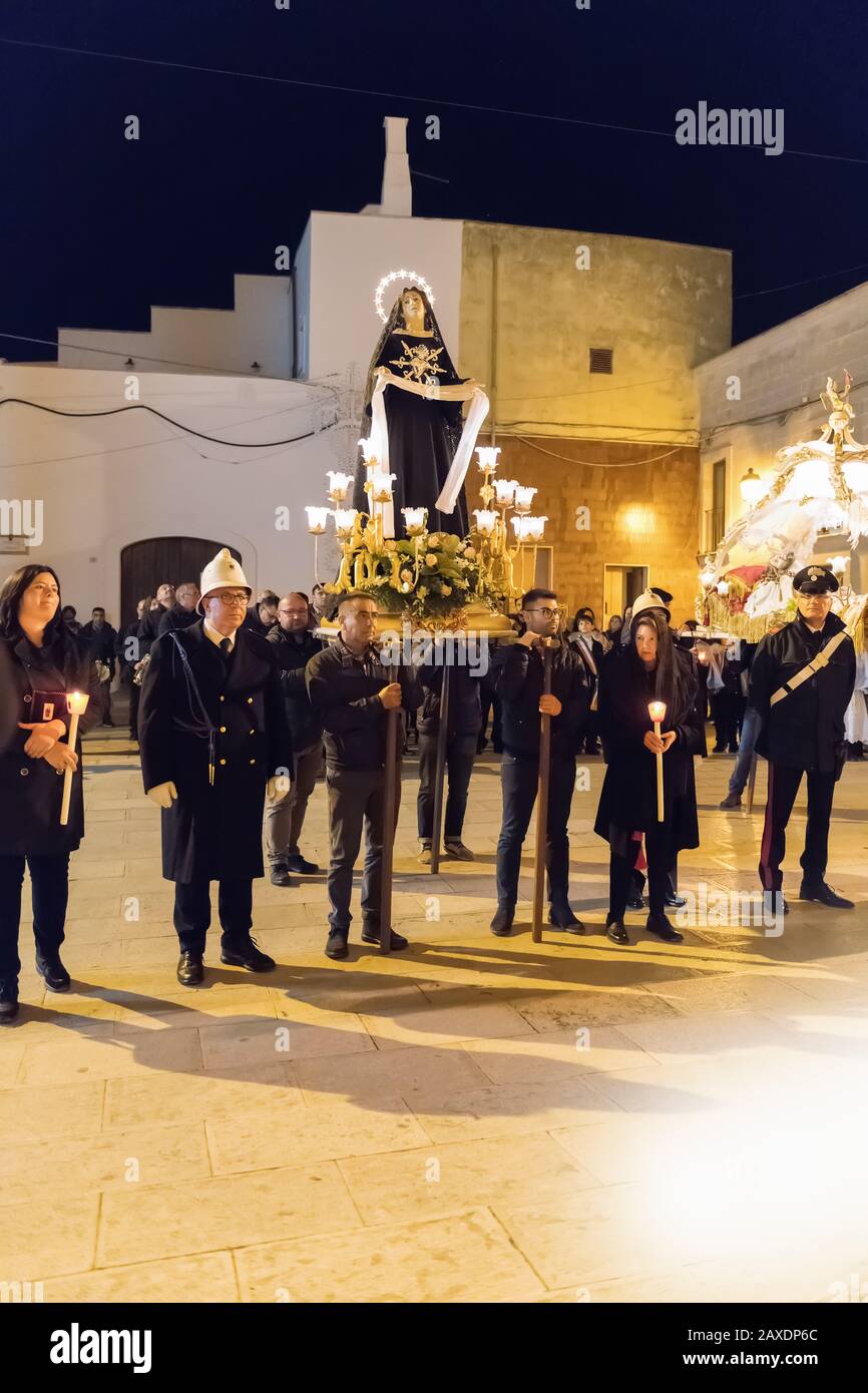 AVETRANA, ITALY - APRIL 19, 2019 - The Virgin Maria Our Lady of Sorrows is carried in procession during the Easter rites in Puglia on Good Friday Stock Photo