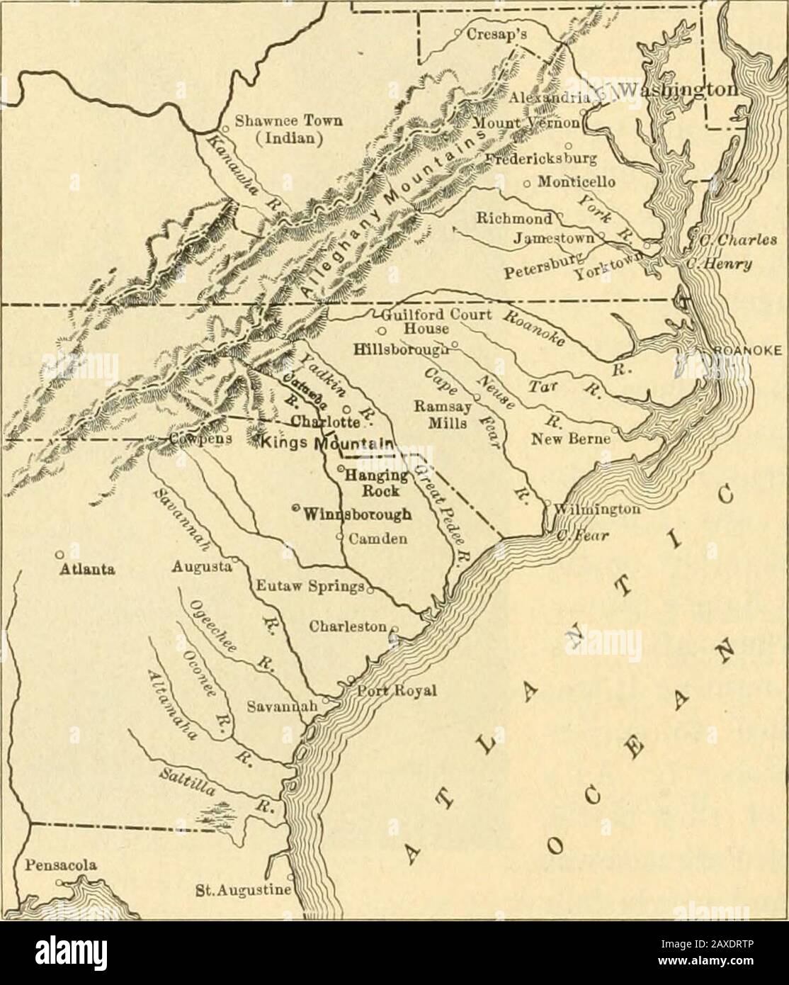 A history of the United States . COLONKL 1A1;LKT, but rejoined the army in 1780 as brigadiergeneral; gained victory at Cowpens; was congressman from Virginia in 1797. 170 THE CAMPAIGNS OF 1780 AND 1781. [§225 great ability at Quebec, at Trenton, and at Saratoga. Theforces of Tarleton and Morgan were about equal. Tlie Amer-ican commander chose, as a spot for the battle, an open plainwhere cattle had been herded, called the Cowpens. The. Map of Operations in the South, 1780-1781. British, though wearied after a difficult march of five hours,decided to advance at once to a front attack. The first Stock Photo