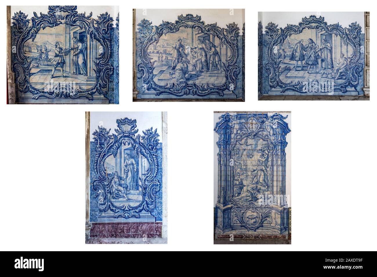 Detail of some tiles panels of the Convent of Sao Pedro de Alcantara depicting the Franciscan monastic charity of the 18th century, in Lisbon, Portuga Stock Photo