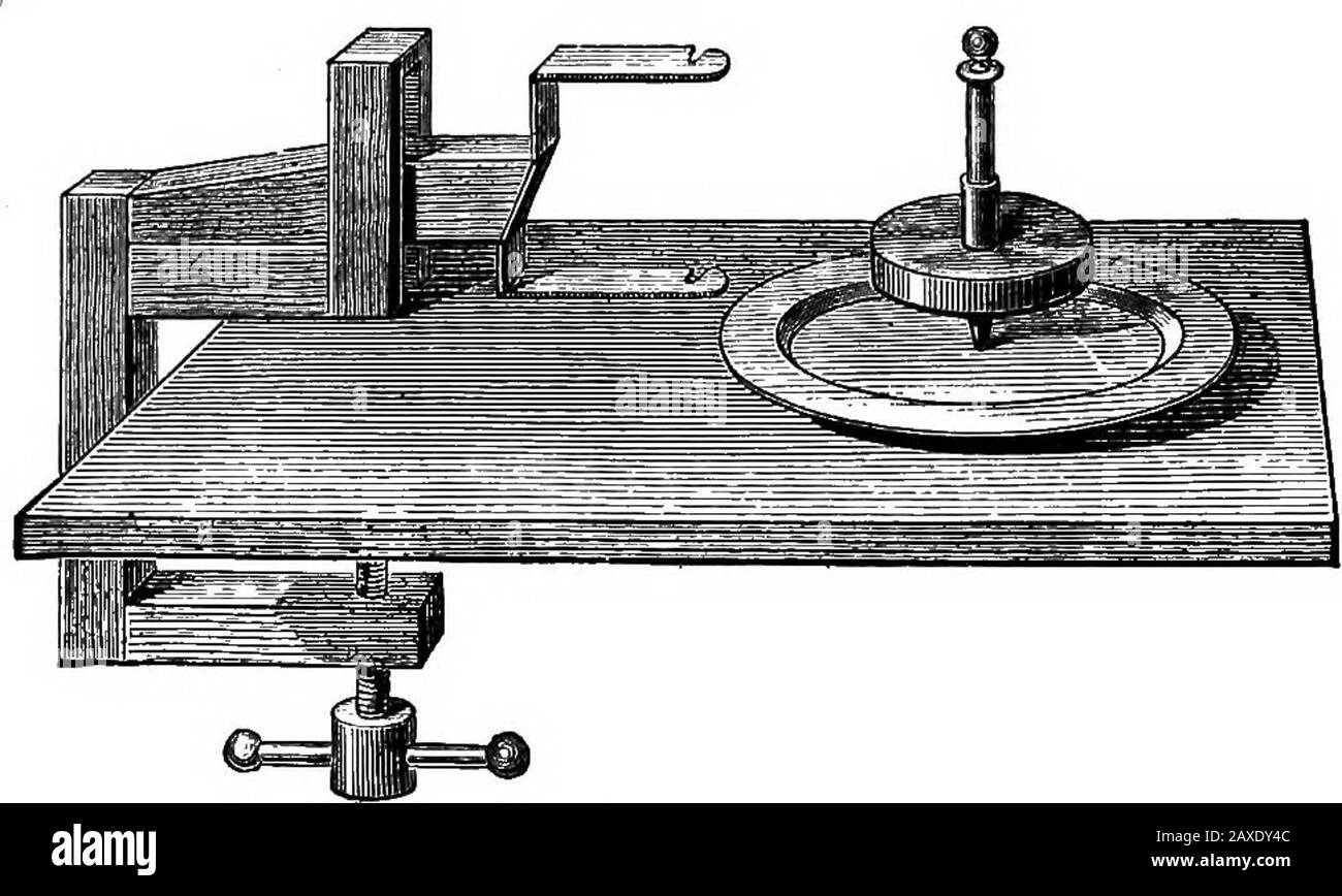 Scientific amusements . s on its niargin as many openings asthe first disc has figures. The two discs are placed oneon the other, and are fixed in the centre by means of ascrew at the anterior extremity of a small iron axis, theother end being fitted into a handle. To make use ofthis contrivance we place ourselves in front of the glasstowards which we turn the disc with the figures, placingthe eye so as to see the figures through one of the holes 64 VISION. of the large disc. Directly the apparatus begins to turnround, the figures seen in the glass appear to execute theparticular movements whi Stock Photo