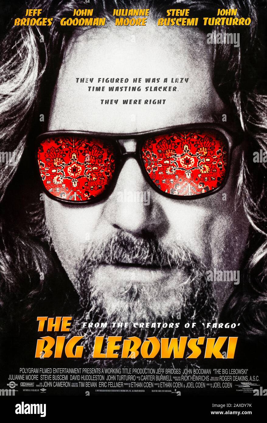 The Big Lebowski (1998) directed by Joel and Ethan Coen and starring Jeff Bridges, John Goodman, Julianne Moore and John Turturro. Cult classic about 'The Dude' and his journey for compensation for his ruined rug. Stock Photo