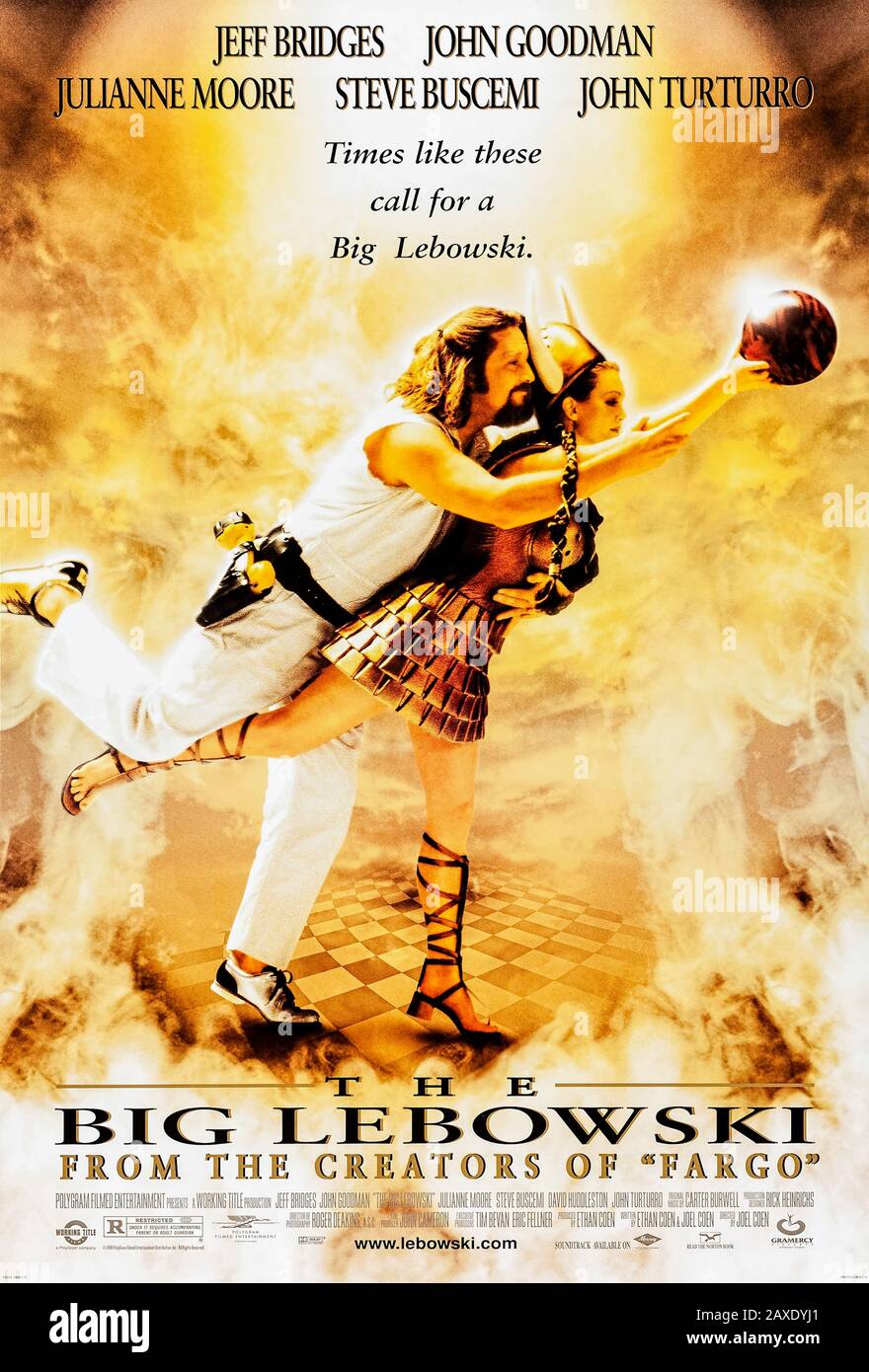 The Big Lebowski (1998) directed by Joel and Ethan Coen and starring Jeff Bridges, John Goodman, Julianne Moore and John Turturro. Cult classic about 'The Dude' and his journey for compensation for his ruined rug. Stock Photo