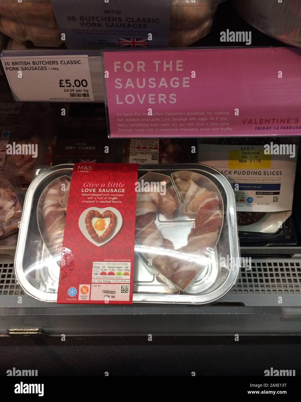 The famous, or should that be infamous, Marks and Spencer Love Sausage.  A perfect breakfast treat for Valentine's Day. Stock Photo