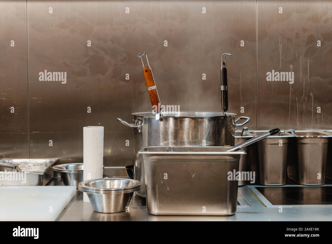 Cookware sets, pan and chopping block after used on kitchen's cooking