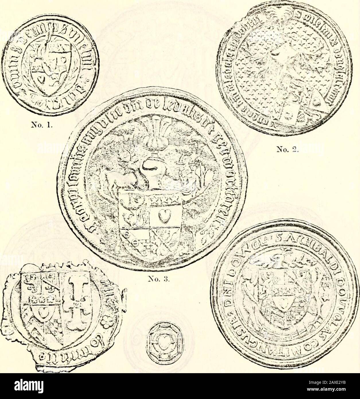 The Douglas book . No. 4. 1. Malcolm, Earl of Angus (1214-1242). 2. Gilbert Umfraalle, Earl of Angus (1245-1.307)..3. Thomas Stewart, Earl of Angus (i;&gt;53-13»)l). 4. Margaret Stewart, Countess of Mar and Angus (1374-141S). ^5G ARMORIAL ISEALS OF THE DOUGLASES.. No. 5. No. 4. No. G. 1,2. William Douglas, second Earl of Angus (1402-1437). 3. George Douglas, fourth Earl of Angus (144G-14G3). 4. Small Signet of Do. o. Isabella Sibbald (Balgony), his Countess. [The Seal of James, third Earl of Angus, is similar to that of the fourth Earl. No. .}.]G. Archibald Douglas, fifth Earl of Angus (1463-1 Stock Photo