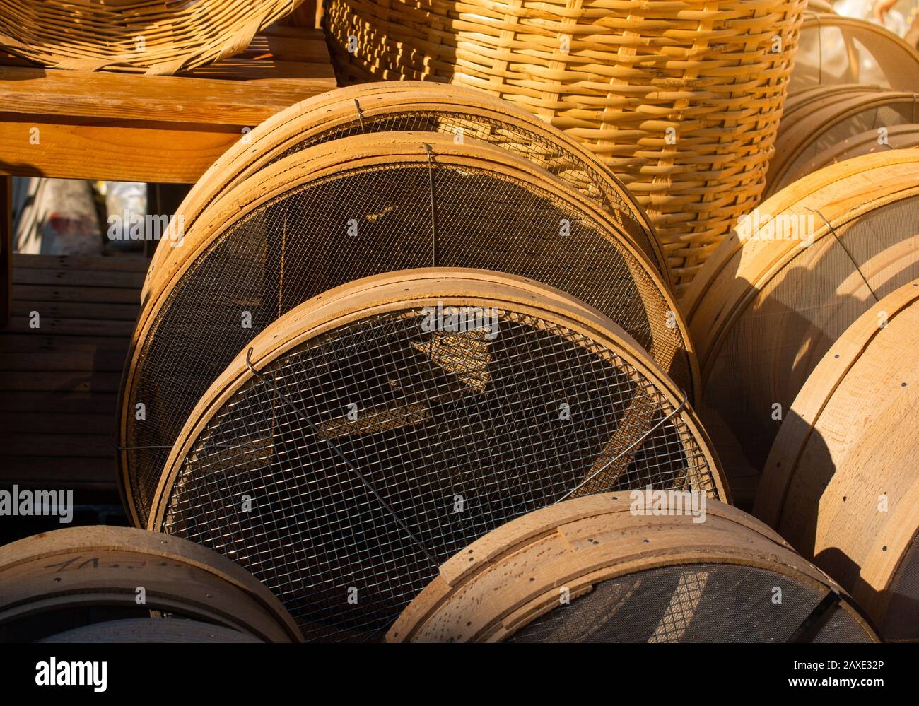 Traditional type sieves made of wood Stock Photo Alamy