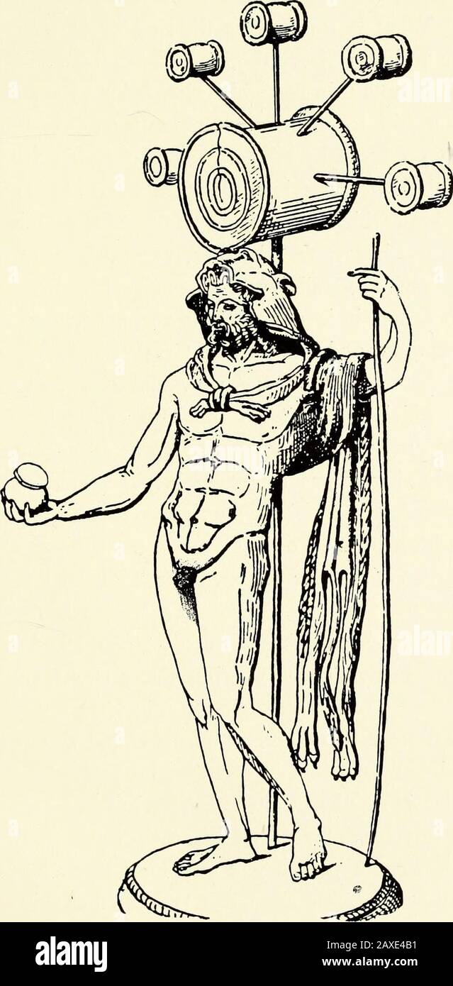 Greek bronzes . Fig. 39.—Gaulish Statuette of Mars. British Museum. GREEK BRONZES 97 of Ogmios. Astonished at so singular a conception, Lucian in-quired of an educated Gaul what might be the meaning of the picture,. Fig. 40.—Gaulish Heracles. Bronze Statuette found at Vienne in France.and was told it was a representation of the power of eloquence to draw men. But Lucians picture of Ogmios is hardly more curious than a bronze G 98 GREEK BRONZES statuette found some years ago at Vlenne in France (Fig. 40). It is a figure ofHeracles of a good classical type, though with the usual differences of s Stock Photo