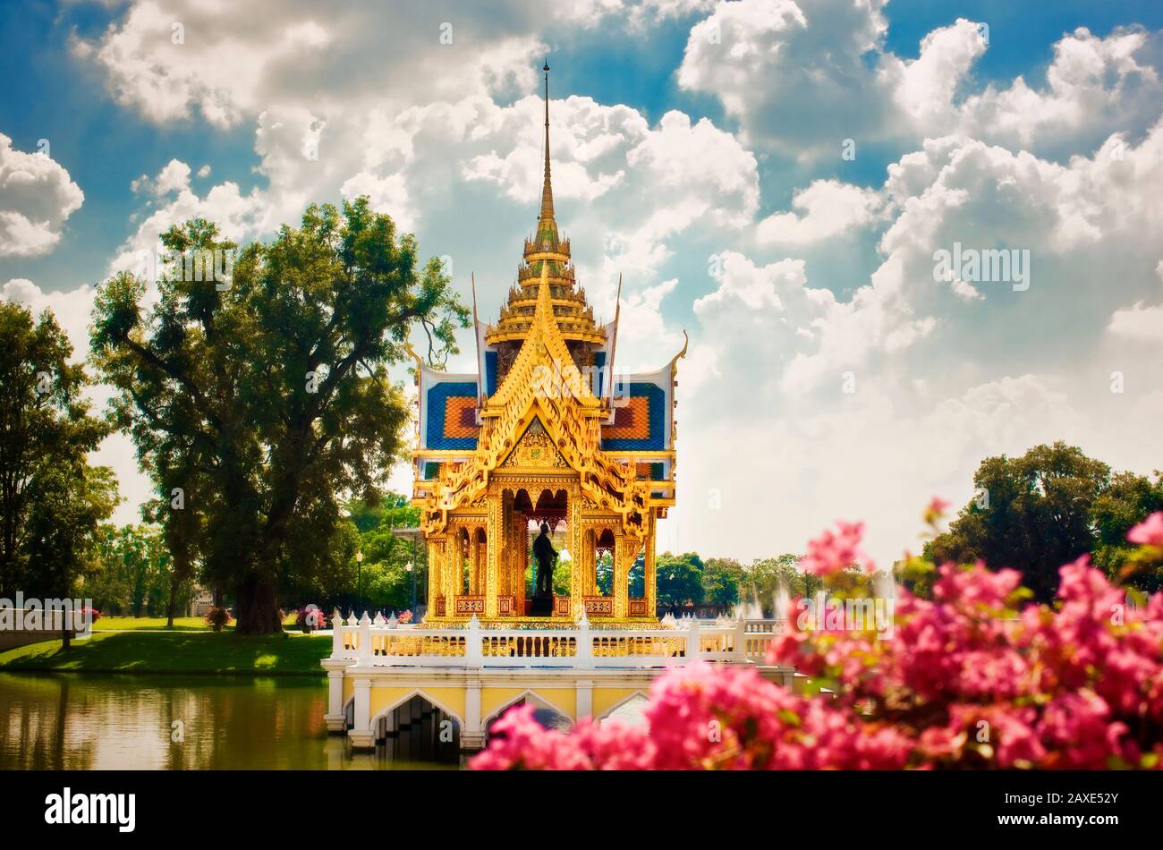 Golden shrine on cloudy day. Stock Photo