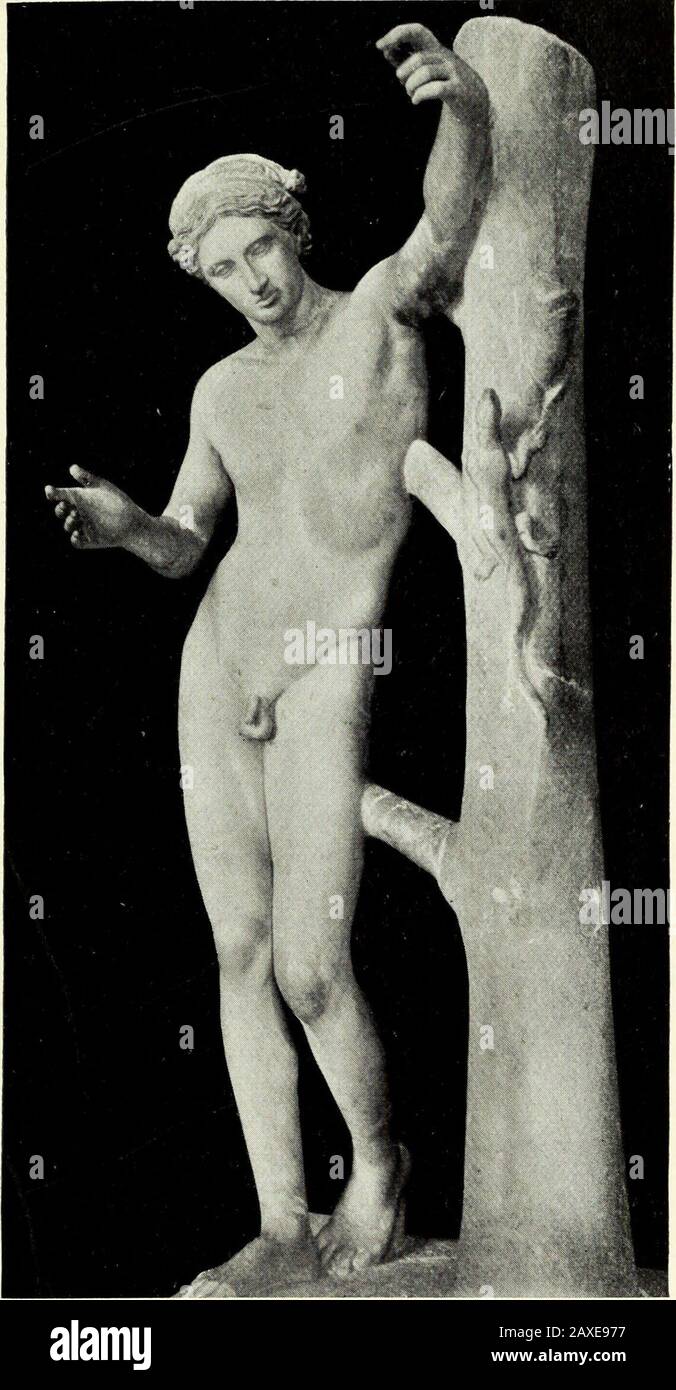 Greek bronzes . Fig. 26.—Hermes by Praxiteles. Olympia. think, be traced to any other than Praxiteles himself. Similarly, themotive or action of the Hermes is exactly of that very slight kind whichwe expect from that sculptor more than any other. Hermes, as we now GREEK BRONZES 67 know, had held up in his right hand a bunch of grapes, and is watchingits effect on the infant god of the vine. The drapery hanging on a treestem, however beautifully executed, is only an accessory, serving as a. Fig. 27.—Marble Statue. Apollo Sauroctonos. Louvre. foil to the delicate modelling of the bodily forms. A Stock Photo
