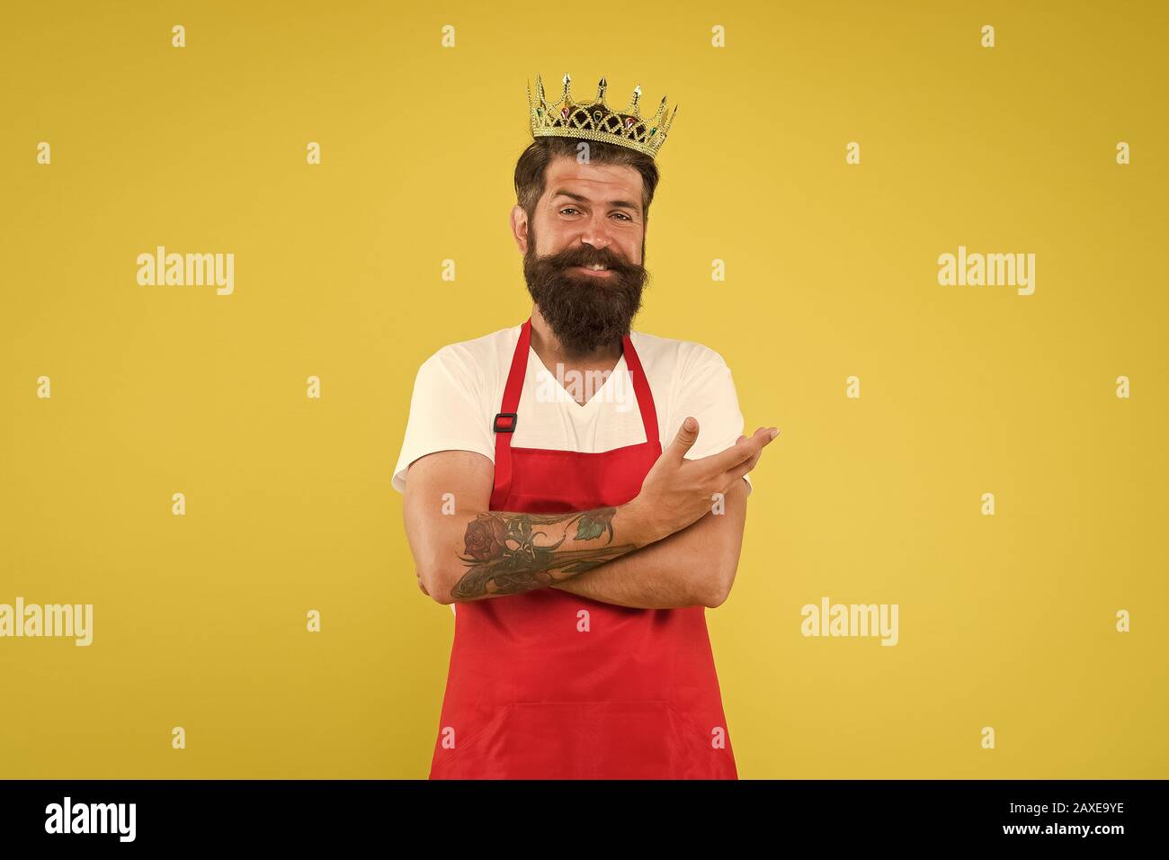 King of kitchen. Cook with beard and mustache yellow background. Royal ...