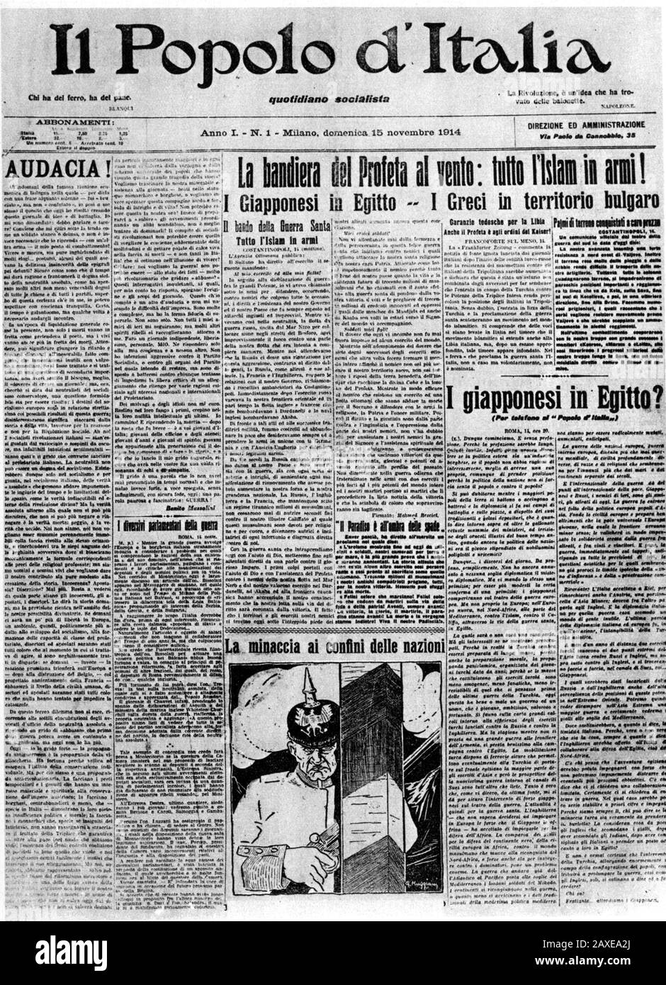 1914 , 15 november  , ITALY : The italian Fascist Duce BENITO MUSSOLINI ( Predappio, 29 july 1883 – Giulino di Mezzegra, 28 april 1945 ) was director of socialist newspaper IL POPOLO D'ITALIA . In this photo the first issue .  - ritratto - portrait  - POLITICA - POLITICO -  ITALIA - POLITIC - portrait - ITALY - FASCISMO - FASCISM - FASCISTA - ITALIA   - giornale - primo numero - cover - copertina - QUOTIDIANO ---  Archivio GBB Stock Photo
