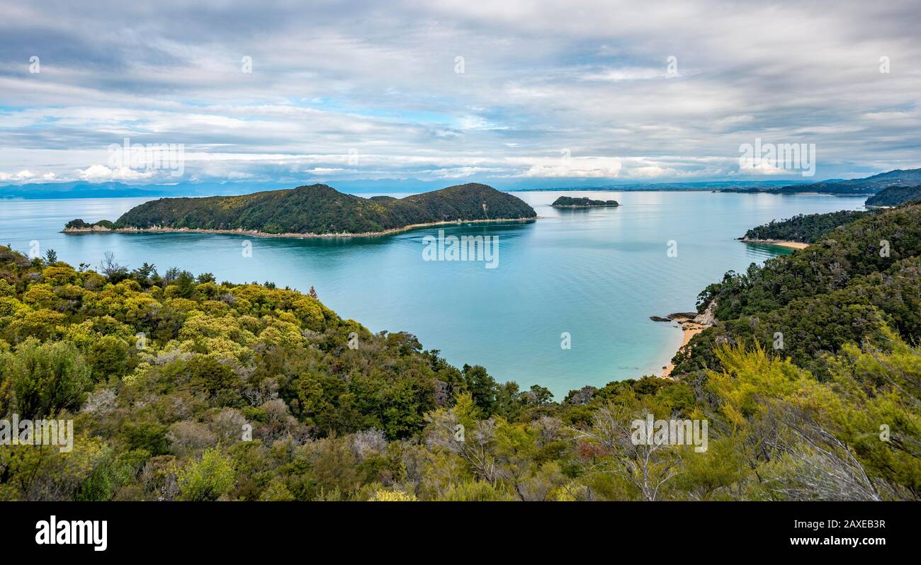 View over Bay Astrolabe Roadstead with Adele Island, Abel Tasman National Park, Tasman, South Island, New Zealand Stock Photo
