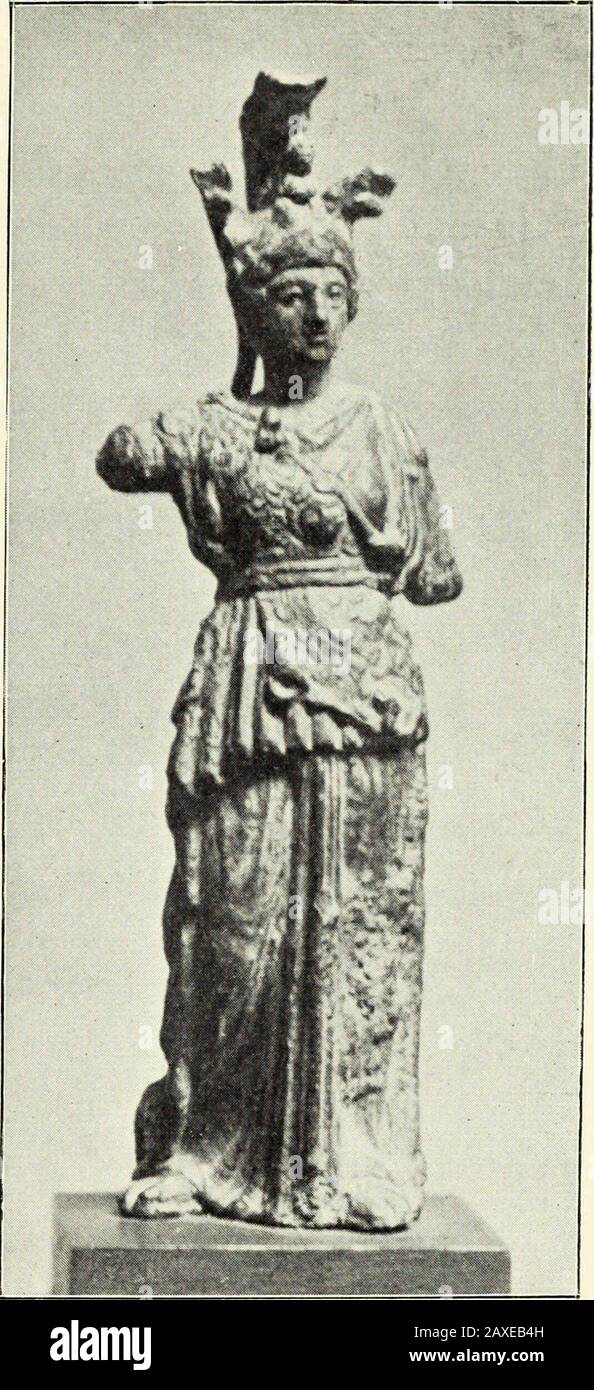 Greek bronzes . Fig. 21.—Marble Jtkene Parthenos.Athens. Fig. 22. Athen} Parthenos. Bronze Statuette.British Museum. that they are each and all perfectly consistent with the time and mannerof Pheidias. They are not to be classed with those capricious changesin the aspect of Athene which occur in late Greek art. In my judgmentthe whole statuette is as true to the style of Pheidias as could be expectedof so minute a figure. 56 GREEK BRONZES We are accustomed to think of Pheidias as a sculptor of colossalstatues of gold and ivory, or of great compositions in marble brightenedby colour and by acce Stock Photo