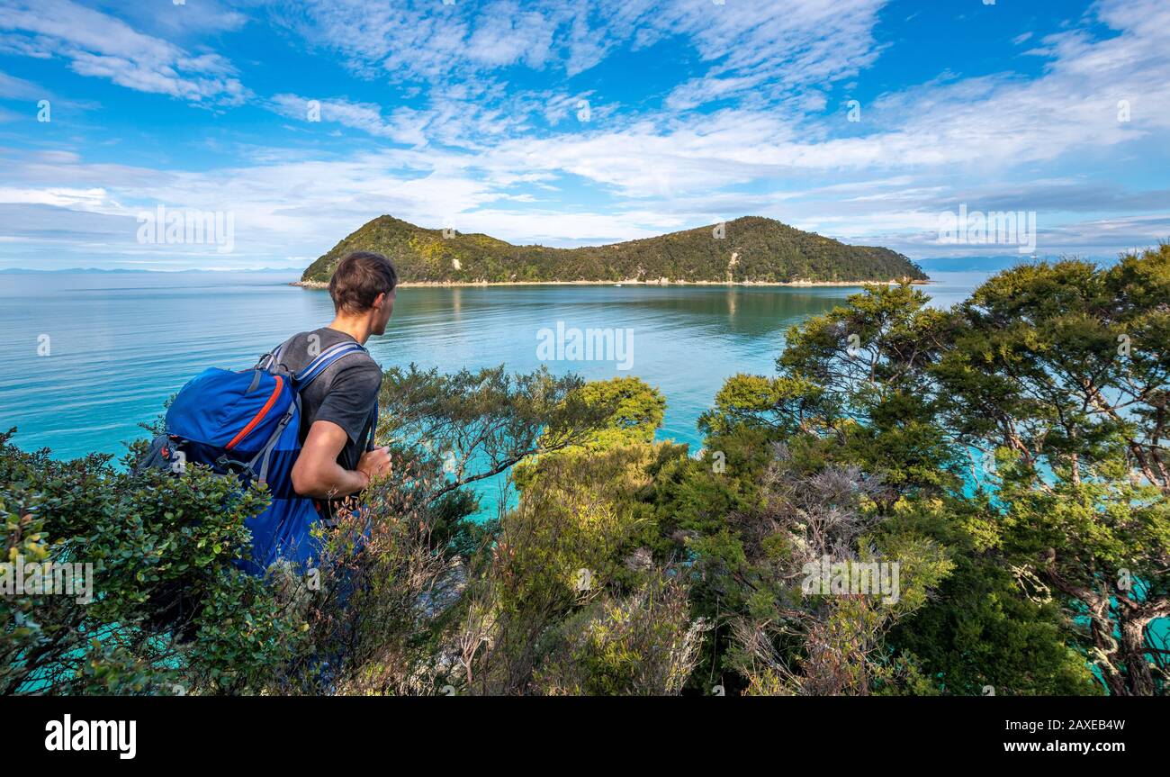 Walker overlooks Bay Astrolabe Roadstead with Adele Island, Abel Tasman National Park, Tasman, South Island, New Zealand Stock Photo
