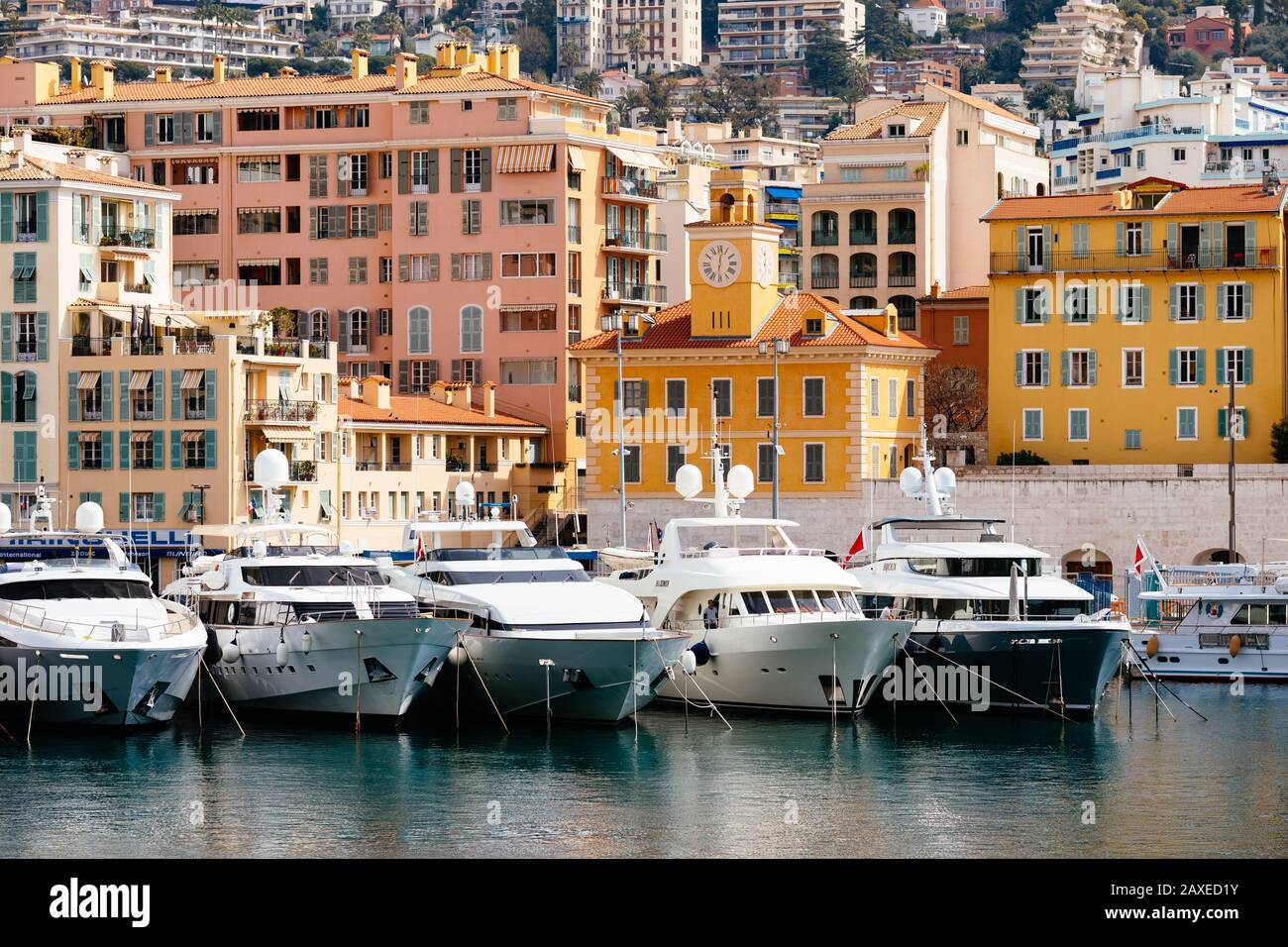 Yachts in the harbour of Nice, French Riviera coastline Stock Photo