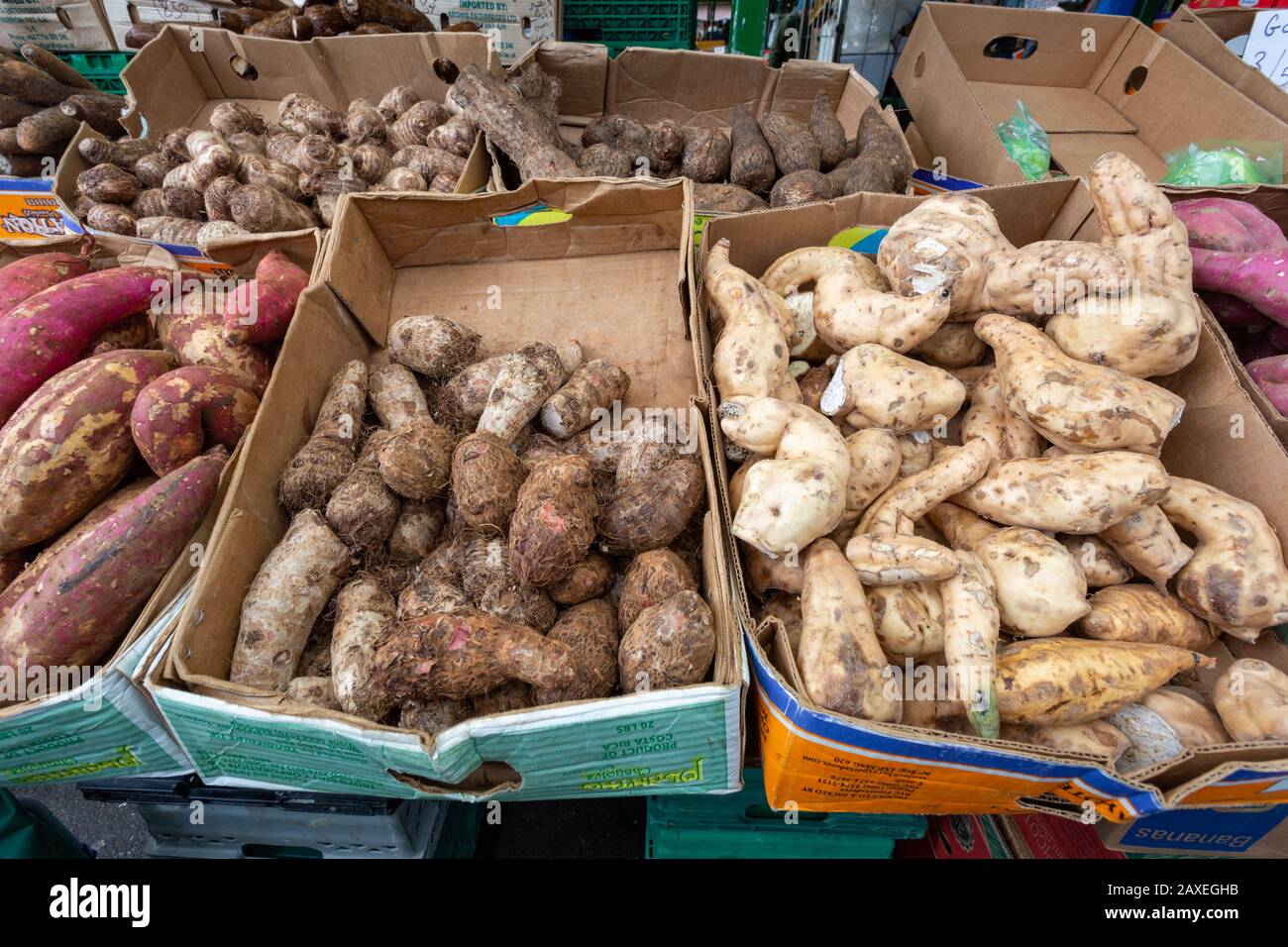 Exotic Caribbean vegetables on a market stall, Birmingham UK Stock