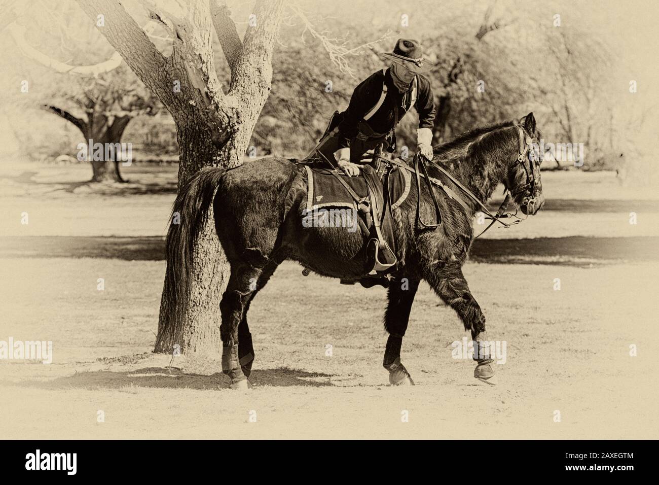 Renactor dressed in the uniform of the 1880s US Army soldier in the 5th