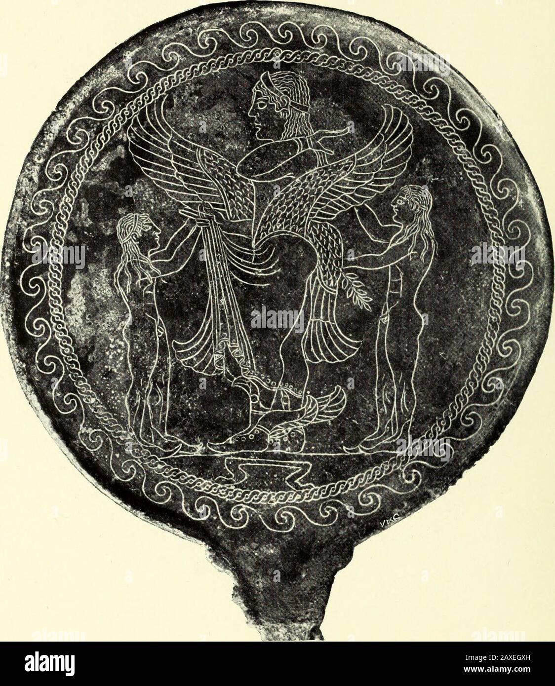 Greek bronzes . Fig. 12.—Etruscan Mirro?. British Museu?n. we see him on archaic Greek vases, and it is possible that so far the figurehas been based on Perseus. But apart from the identification of the figureon the mirror, I think we have already seen enough to recognise in it astriking combination of the influence of Greek drawing and Etruscanindividuality. On the other mirror (Fig. 13), the central figure is again one of thosemuch-winged beings of archaic art—Greek as well as Etruscan. Thepeculiarity in this instance is that the wings spring from her waist and not 34 GREEK BRONZES from the Stock Photo