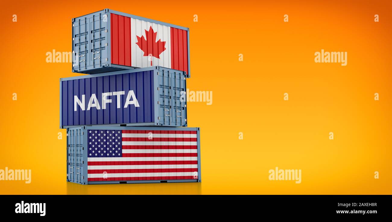 Freight containers with Canada and USA national flags and one with the word NAFTA North American Free Trade Agreement - 3D Rendering Stock Photo