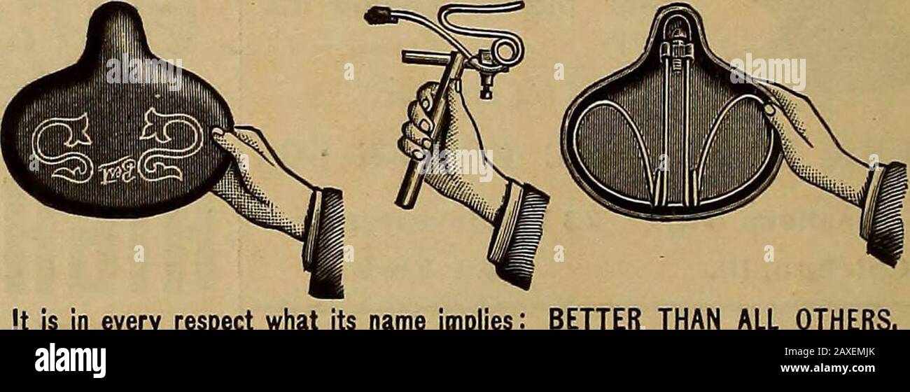 The Wheel and cycling trade review . Mention The Wheel. Three Views but only One Opinion .... OF» .... THE BEST SADDLE. BETTER THAN ALL OTHERS. PRICB, $4.00. Send ioc. in stamps for Catalogue and Handsome Souvenir. every respect what its RGBNTS JaiKNTED DICKSON & BEANING, Manufacturers, INDIHNHPOLIS, IND, Stock Photo