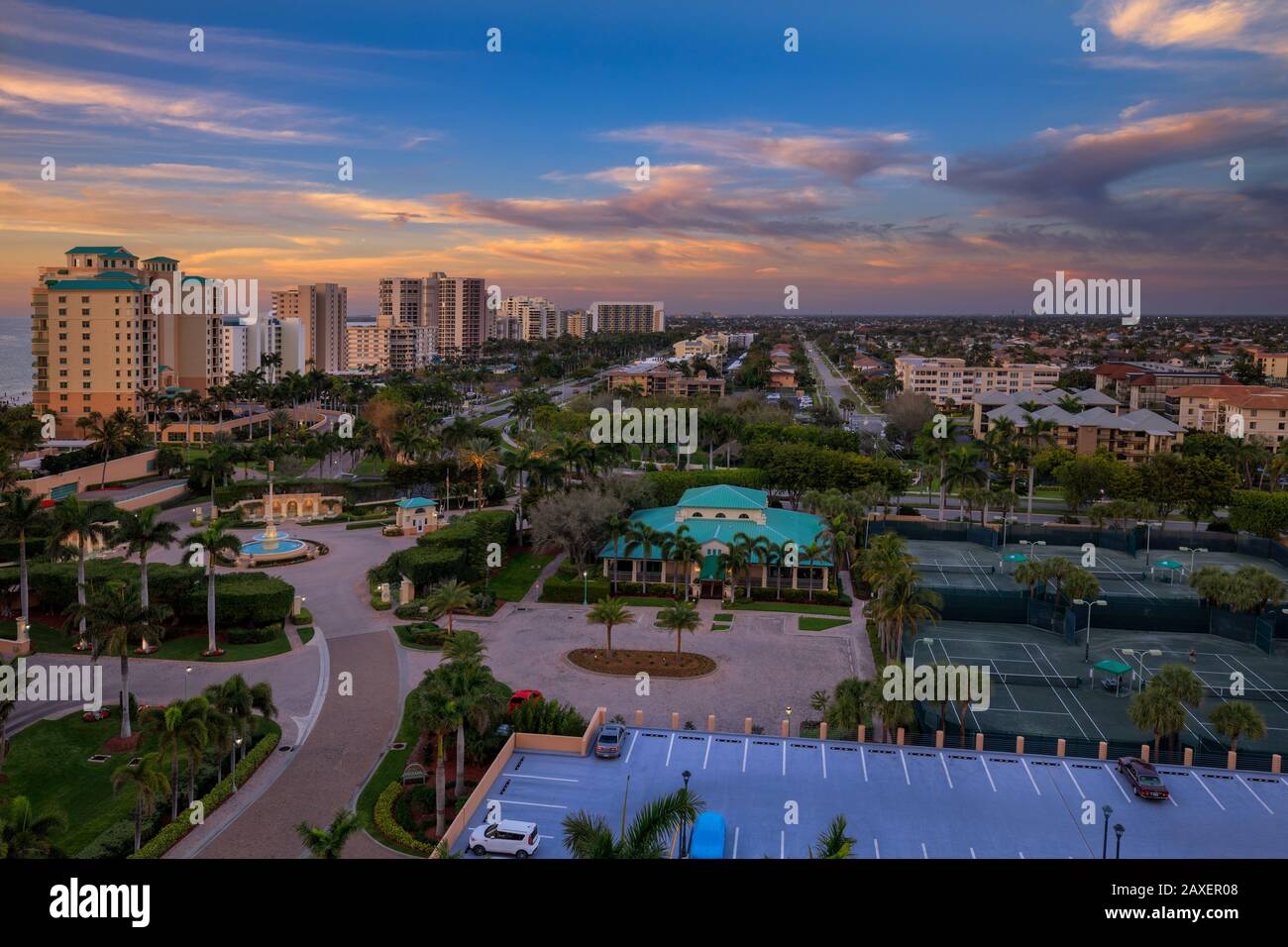Marco Island skyline during sunset, travel destination for winter birds, luxury Island near