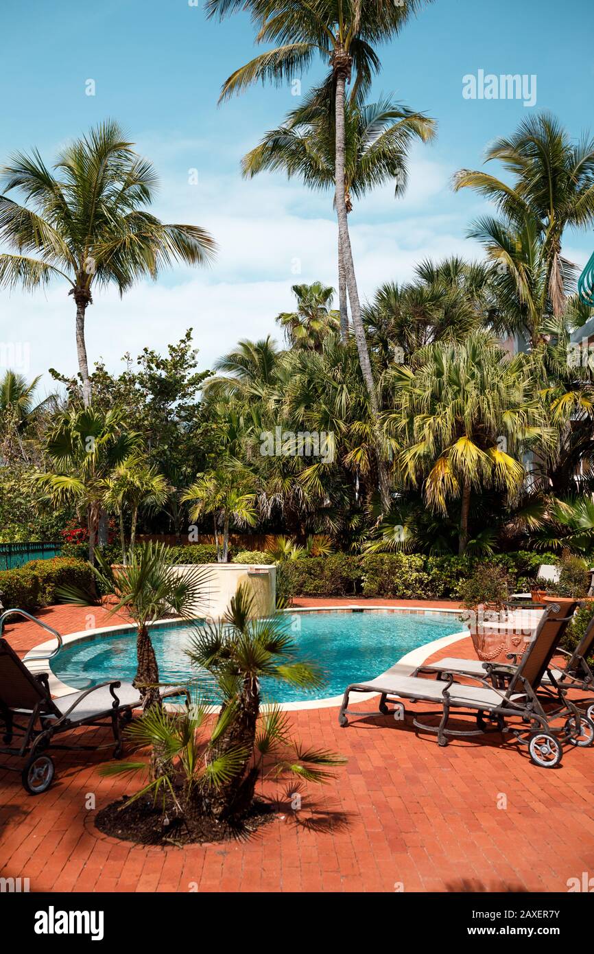 Luxury lifestyle patio of a Florida beachfront villa. Garden with pool