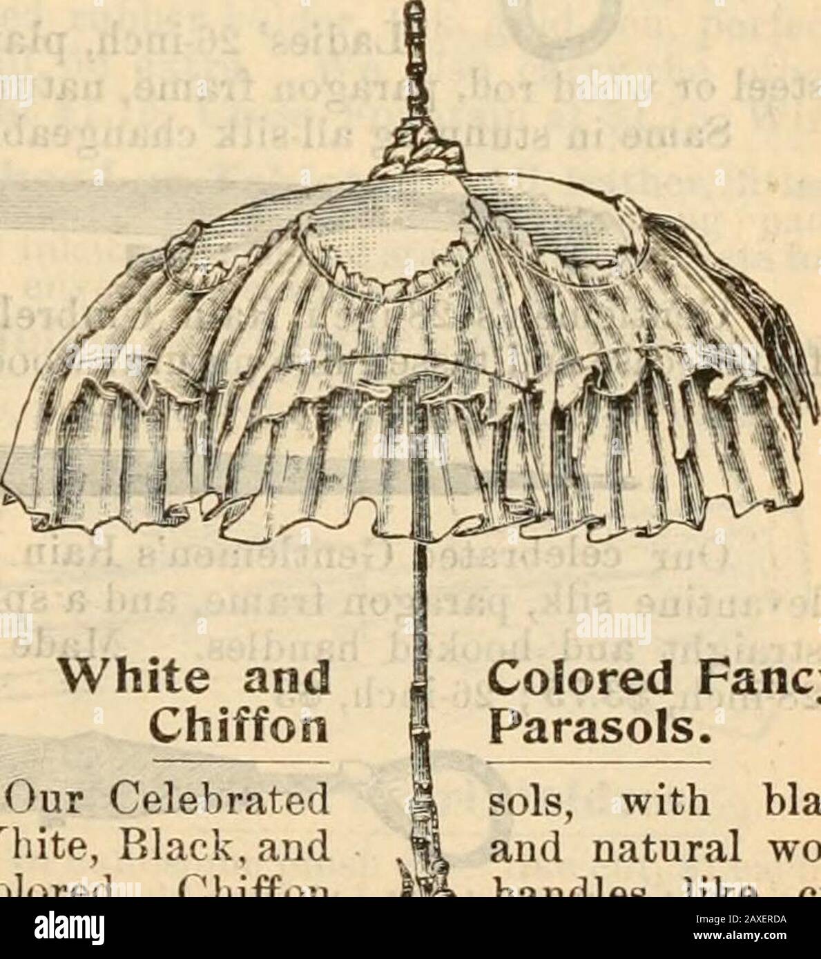 Price list. . Fancy Black J Chiffon Parasols. Fancy BlackChiffon  Parasols,of India and surahsilks, trimmed, like cut, with chiffon orlace,  black andfancy handles, $4, 5,6, 7, 8.. White andChiffon Our  CelebratedWliite, P&gt;lack,andColored