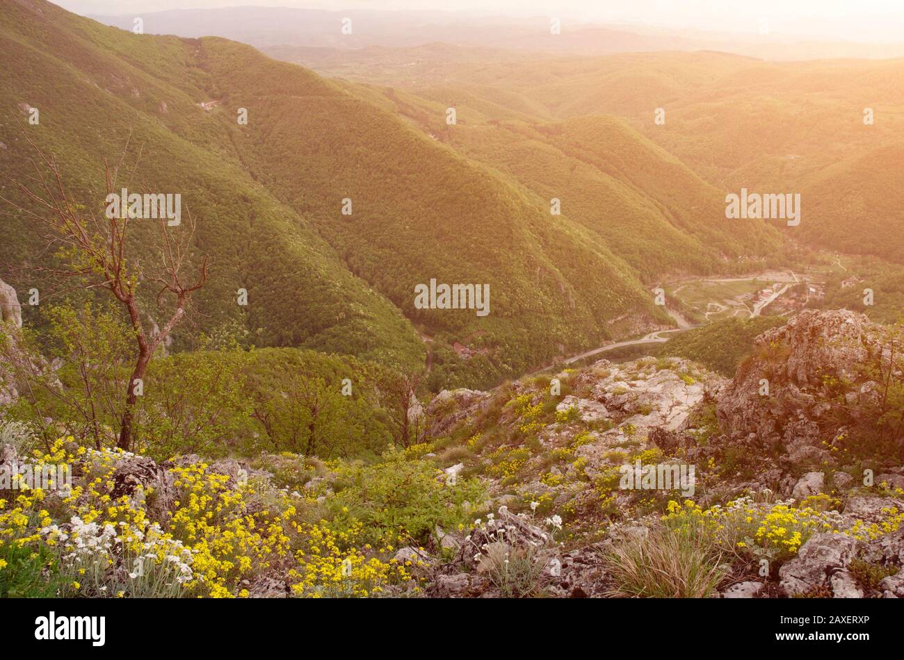 View of valley from top of the mountain Stock Photo - Alamy