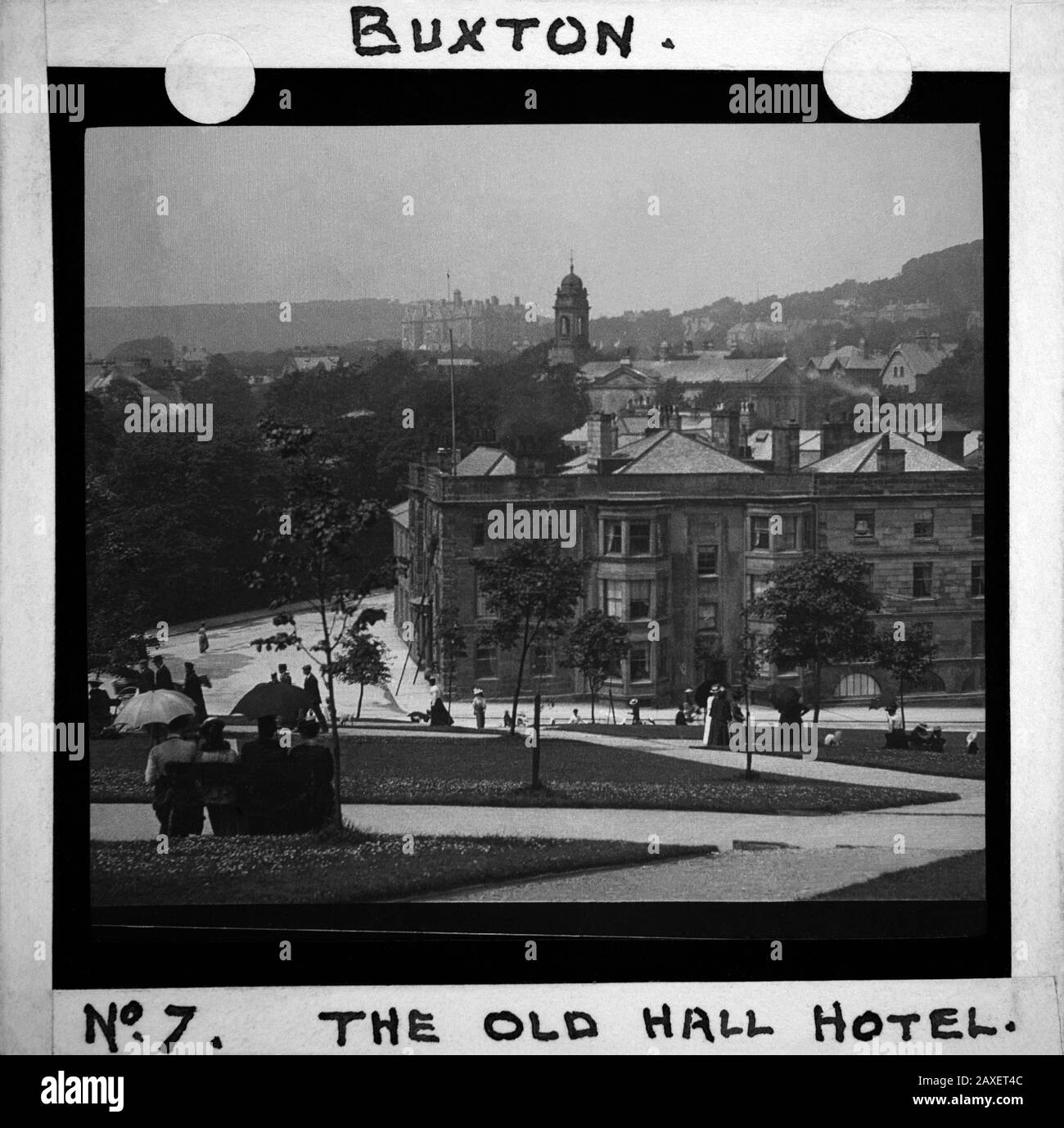 The old Hall Hotel, Buxton Crescent & Thermal Spa Hotel & Palace Hotel during the Victorian period c1890, Victorians in front of the Bath House, antique old glass magic lantern slide picture. The newly renovated hotel is due to open in 2020 creating a northern capital for health and wellbeing. Antique Magic Lantern Slide.  Original photographer unknown, copyright period expired.  Digital photography, restoration, editing copyright © Doug Blane. Stock Photo