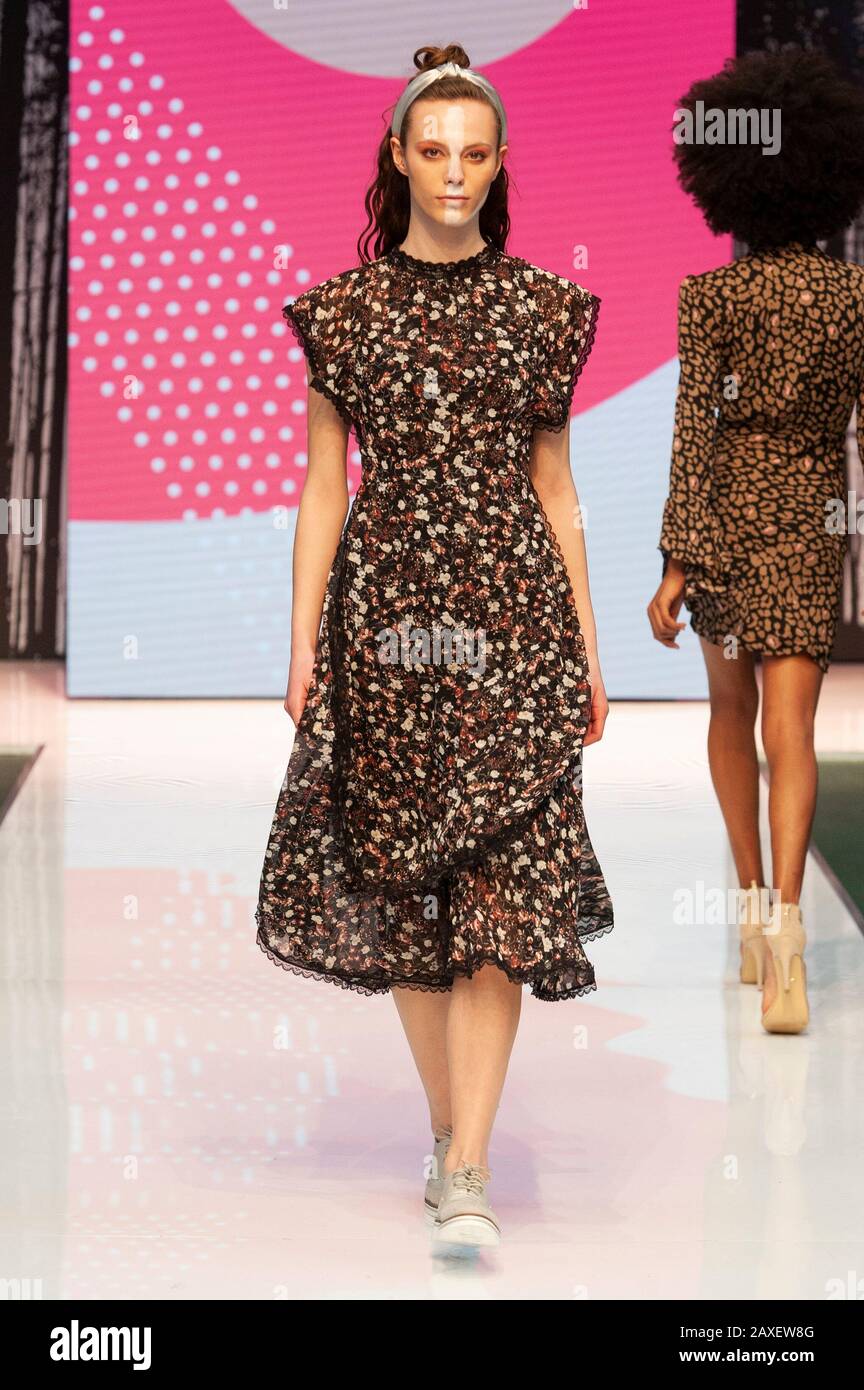 Model on the Brands Catwalk at Pure London AW20/21. 11th February 2020. Today marked the third of three successful days at the show held at Olympia in London, UK. Pure London caters for the fashion trade and features regular catwalks showcasing the forthcoming trends for the next season, seminars from industry experts, and all the latest lines from fashion and accessories brands the world over. Credit: Antony Nettle/Alamy Live News Stock Photo