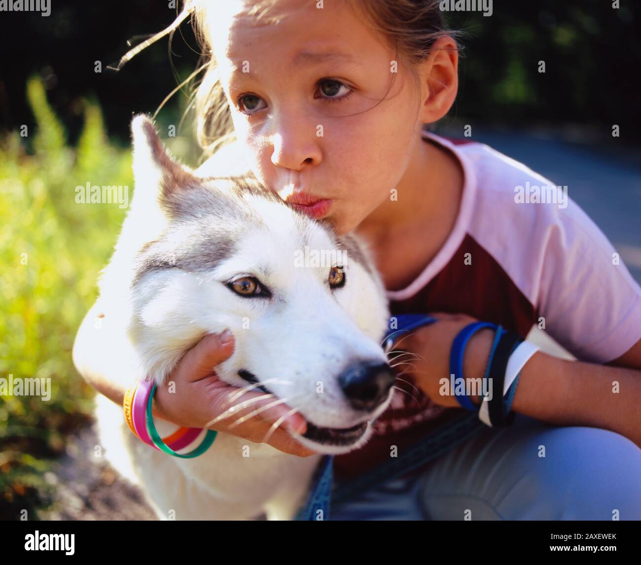 Close-up of a girl kissing her dog, Germany Stock Photo