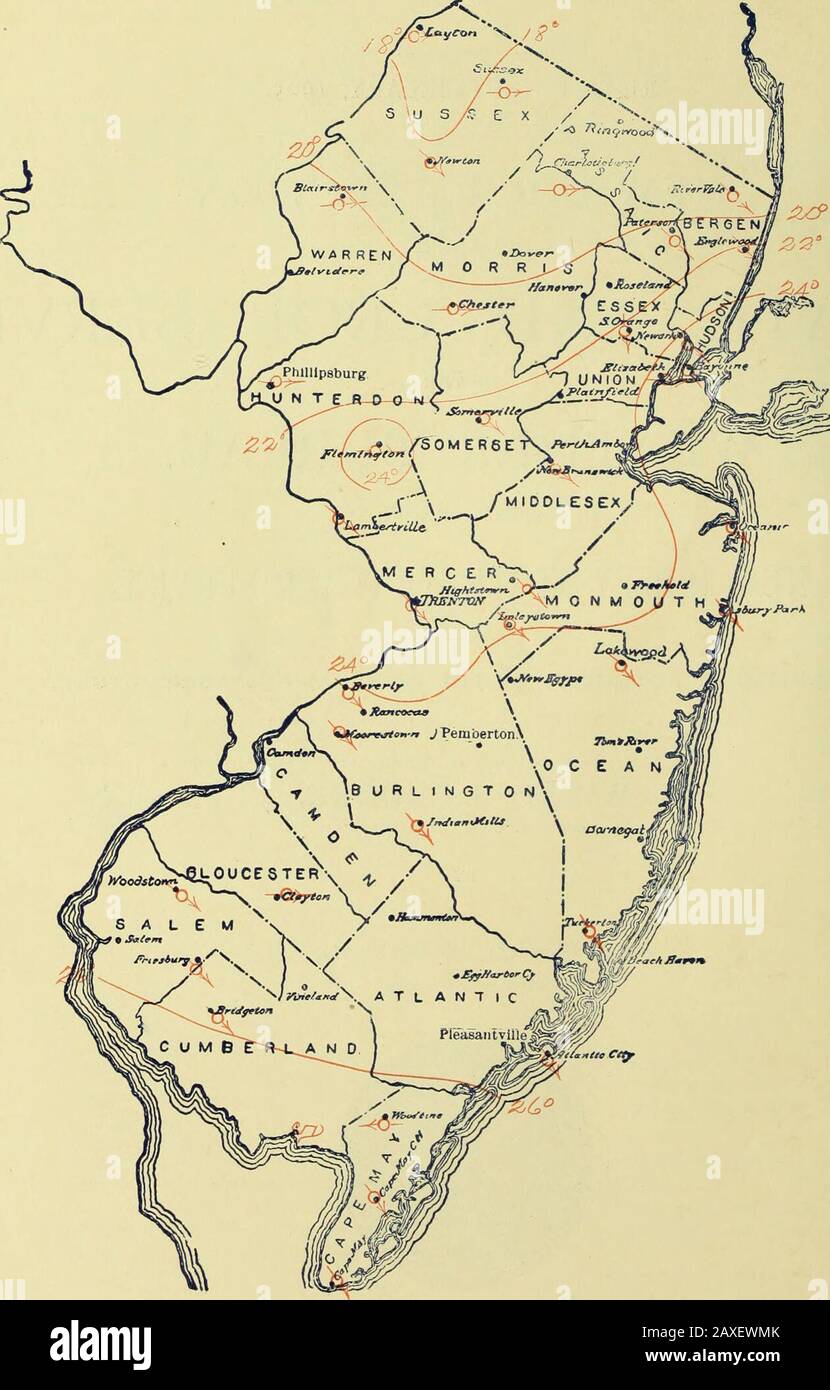 Climatological data, New Jersey . ATLANTIC CITY, N. J.: WEATHER BUREAU  OFFICE. March i8th, 1905. MONTHLY MEAN ISOTHERMS AND PREVAILING- DIRECTION  OF WIND, FEBRUARY, 1905.. February, li)05. CLIMATK AND CR()I»S: NEW JKIiSEV