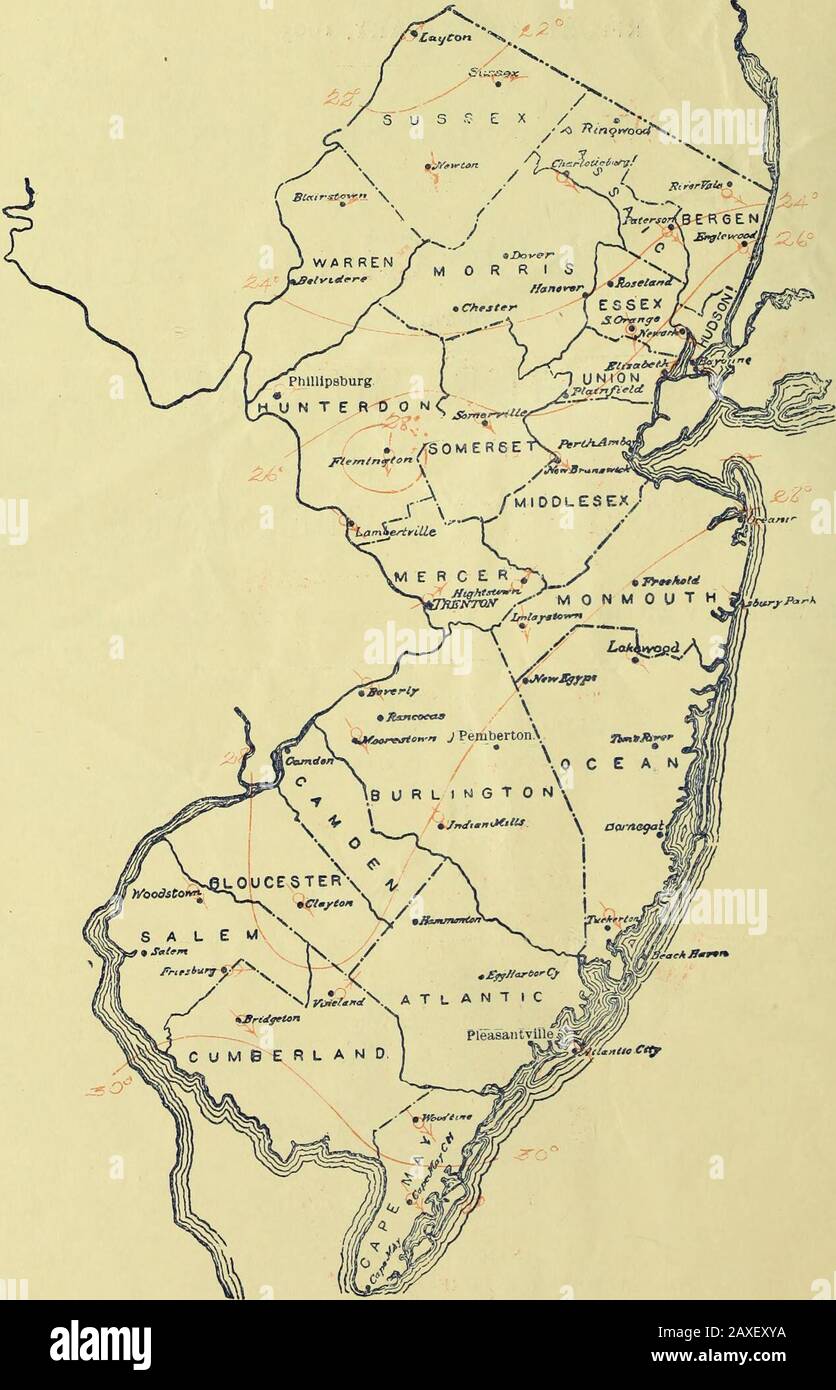 Climatological data, New Jersey . jAMAia. H)05. £9&lt;,.o&lt;^ CLIIMAlK AND (llOlS: NEW .IKRSKY SKCIION. :! r. s. i)i;r.RTMi;T oi A(;ric(u,turi:, CLIMATH Ail) CKOr SHRVICI: oy riiK WEATHHR BURR All. CENTRAL OFFICE: WASHINGTON, D. C. NEW JERSEY SECTION.EDWARD W. McGANN. Section Director. Vol. XVIII. Atlantic City, N. J. No. 1. IXKELIAIU.K WEATHER FORECASTING. About tliis time of llie year fanners are wont to receivealmanacs from various sources, and in them find forecasts forthe weather of each month of the year. Dire are some of thepredictions therein contained, and to read them and depen Stock Photo