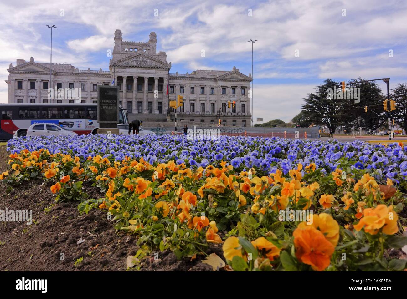 Wide angle shot of a building surrounded by flowers in Montevideo, Uruguay Stock Photo