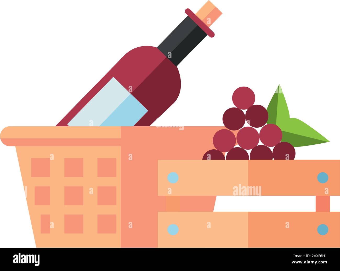 grapes fresh fruits in wooden basket and wine bottle Stock Vector Image ...