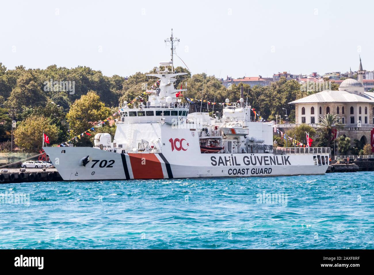 Istanbul, Turkey - August 30th 2019: Coastguard vessel moored on the Boshorous. The coastguard is under the command of the Minister for the Interior. Stock Photo